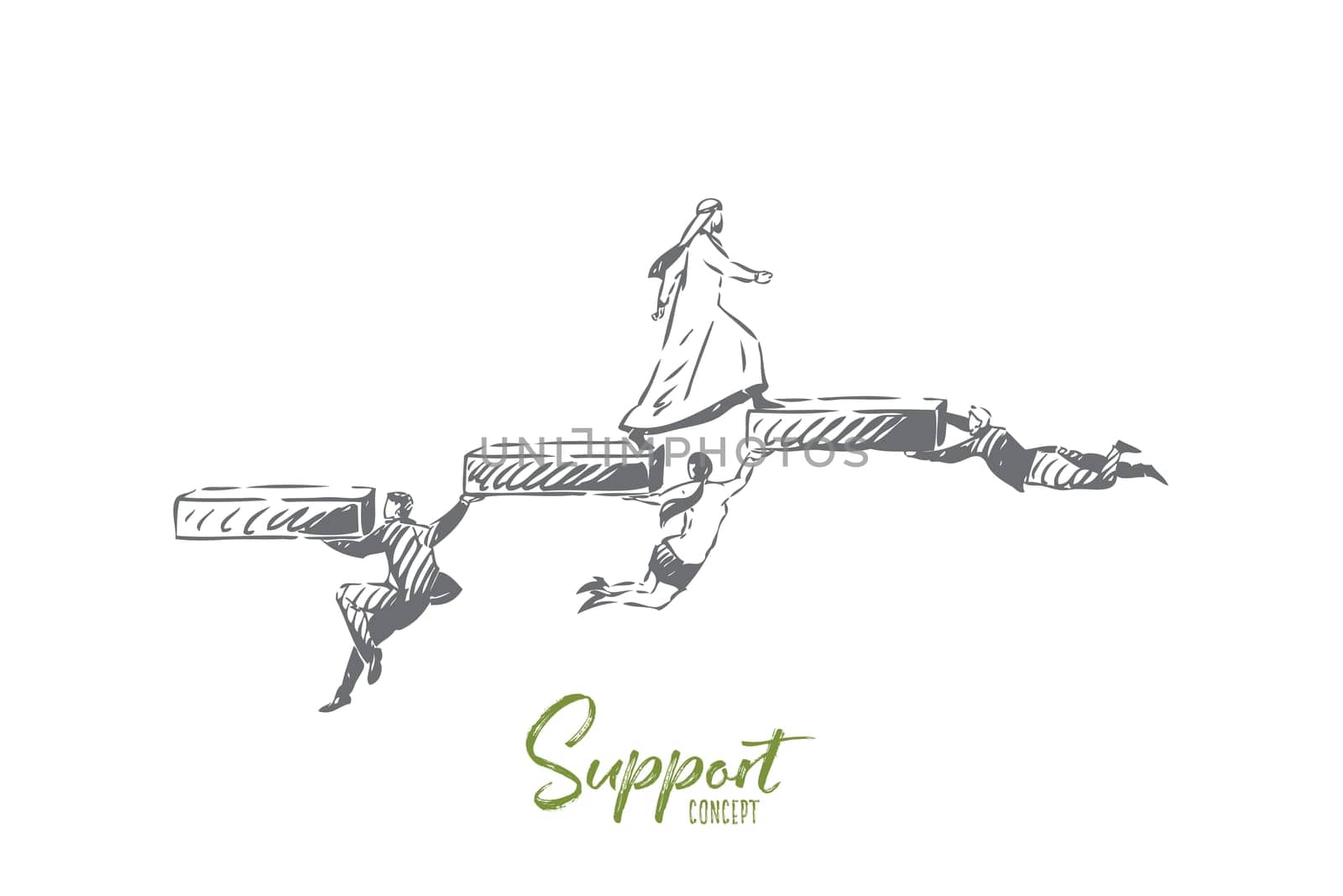 Support concept sketch. Arab man climbing career ladder. Help in the workplace metaphor. Flying men and women holding blocks. Teamwork, friends, partnership. Isolated vector illustration