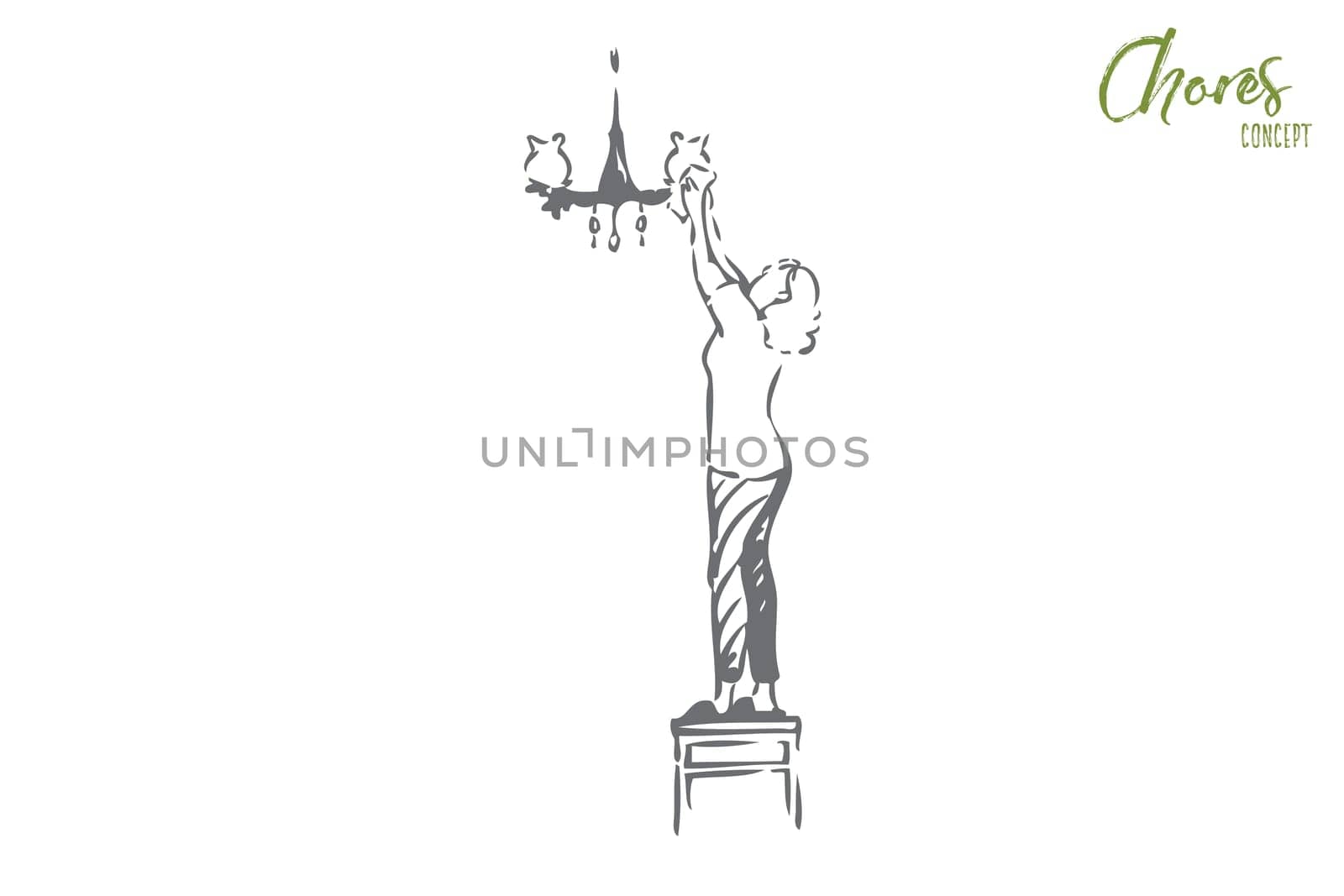 Chores concept sketch. Housewife routine, housekeeper, maid work, faceless young homemaker wipes dust from chandelier, woman doing housework, housekeeping banner. Isolated vector illustration