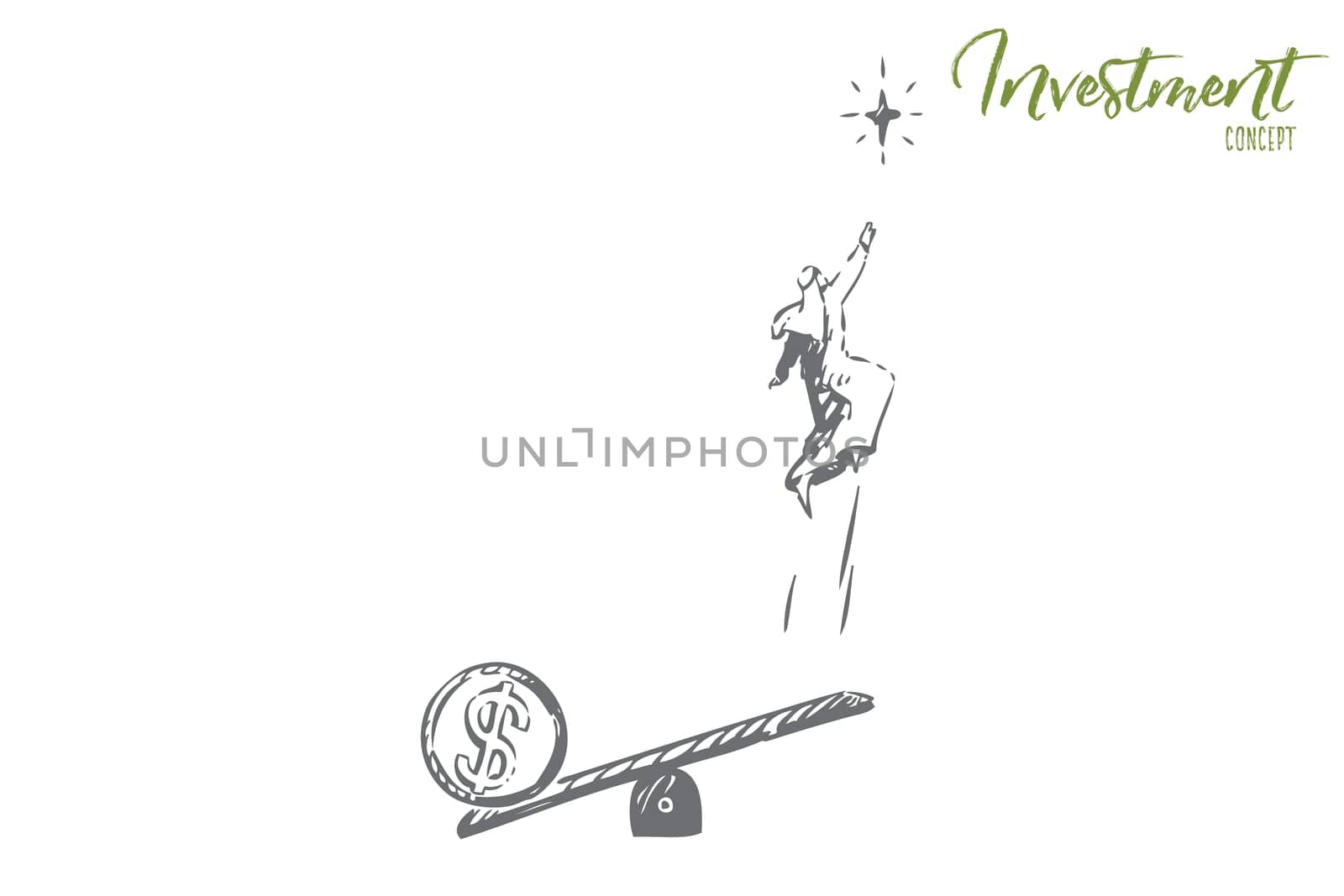 Startup concept sketch. Arab man jumping on seesaw. Successful funds using, capital formation, goal achieving. Stock trading, currency exchange market. Isolated vector illustration