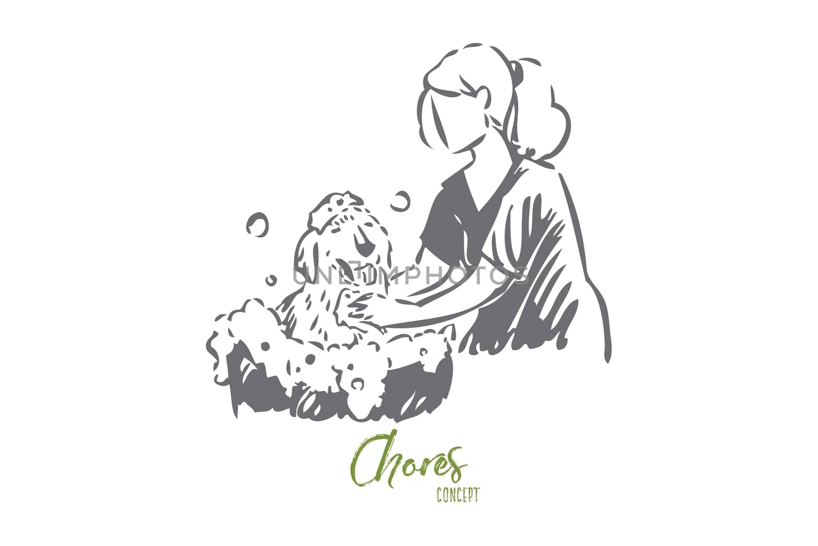 Animal lover concept sketch. Woman washing happy dog. Girl grooming her pet. Taking care of mans best friend. Giving puppy bubble bath. Cute doggy. Isolated vector illustration