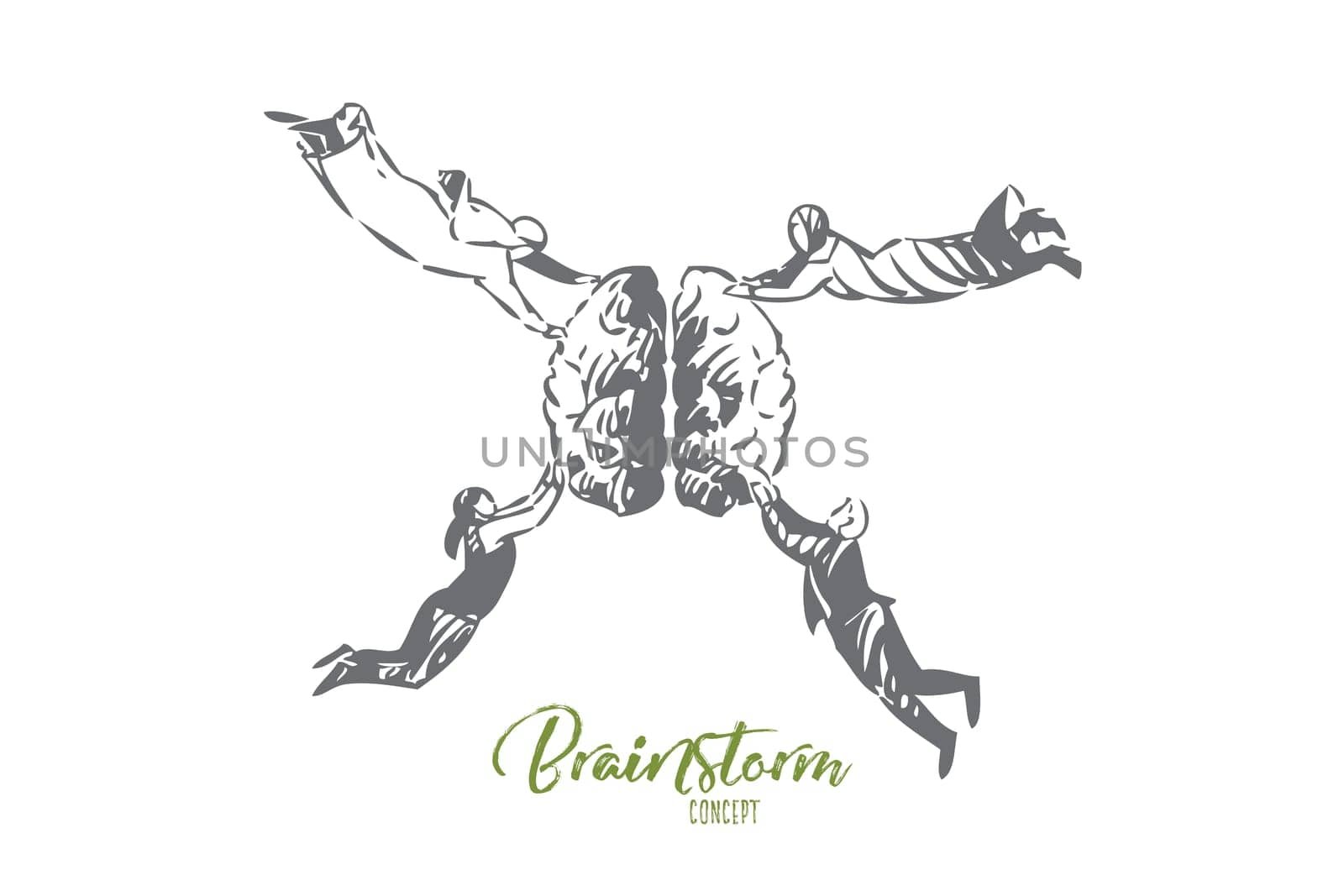 Brainstorm concept sketch. Flying arab businessman and businesswoman teamwork, muslim discussing problem solution, idea generation metaphor, business partnership banner. Isolated vector illustration