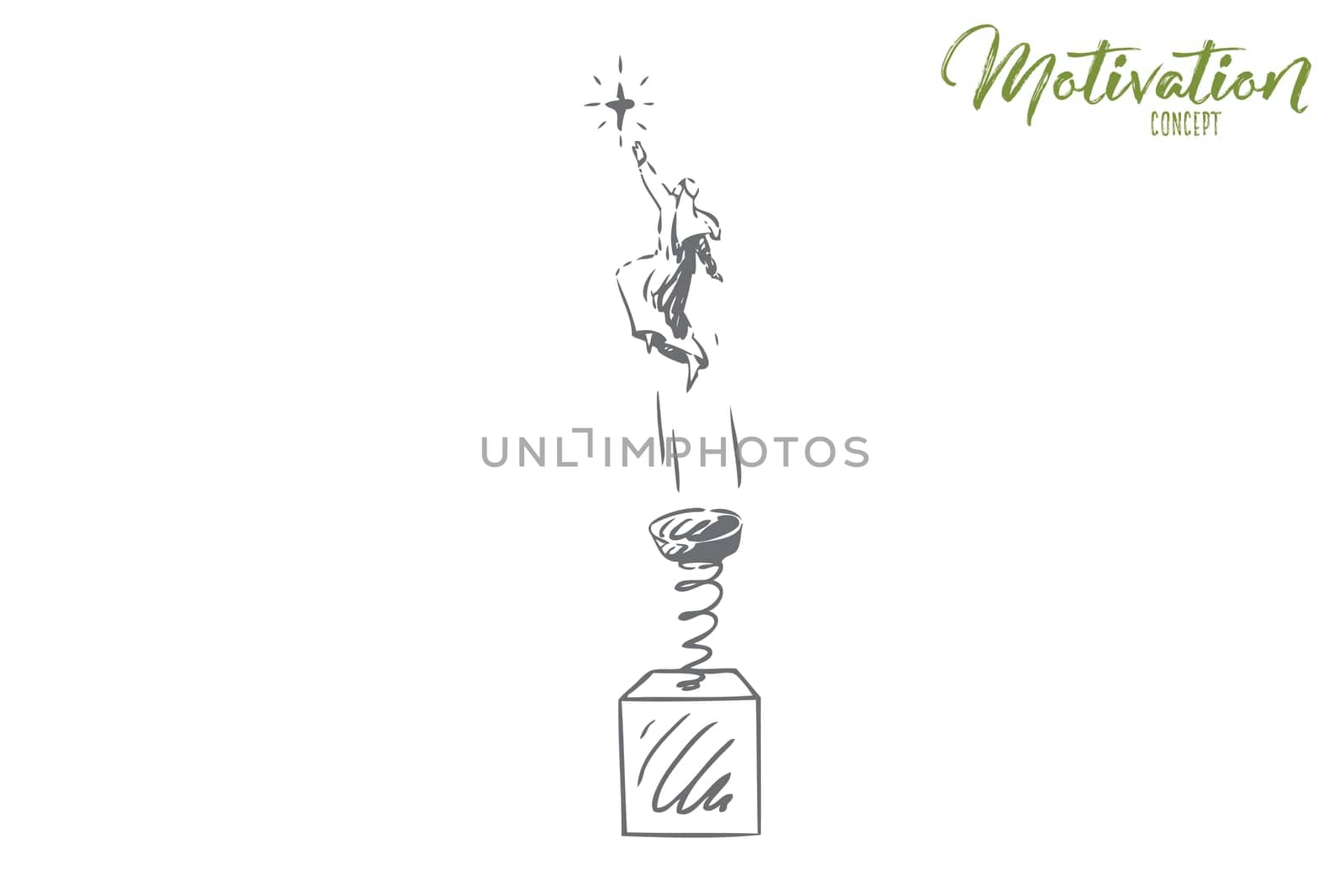 Motivation concept sketch. Reach for stars, muslim man jumping on spring. Achieving goals in life metaphor. Flying to your dreams. Personal success achievement. Isolated vector illustration
