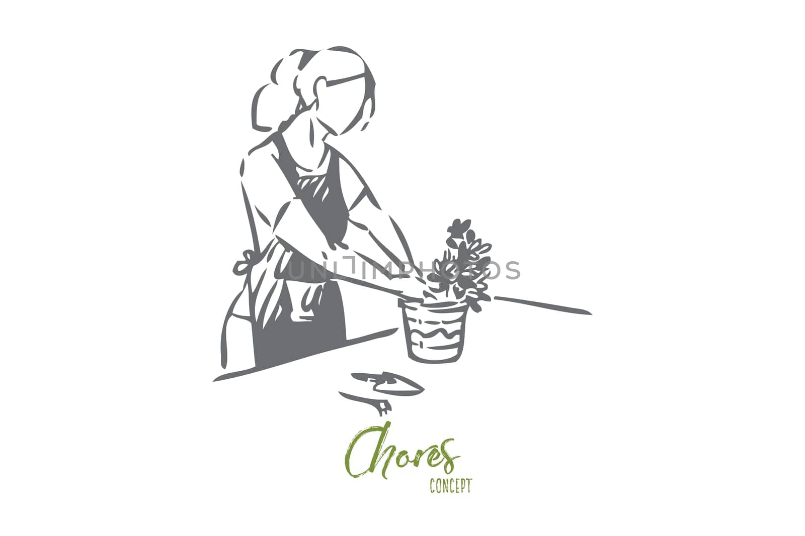 Gardener concept sketch. Girl with apron planting potted plants. Taking care of flowers hobby. Woman gardening at home. Growing different greenery in house and flat. Isolated vector illustration