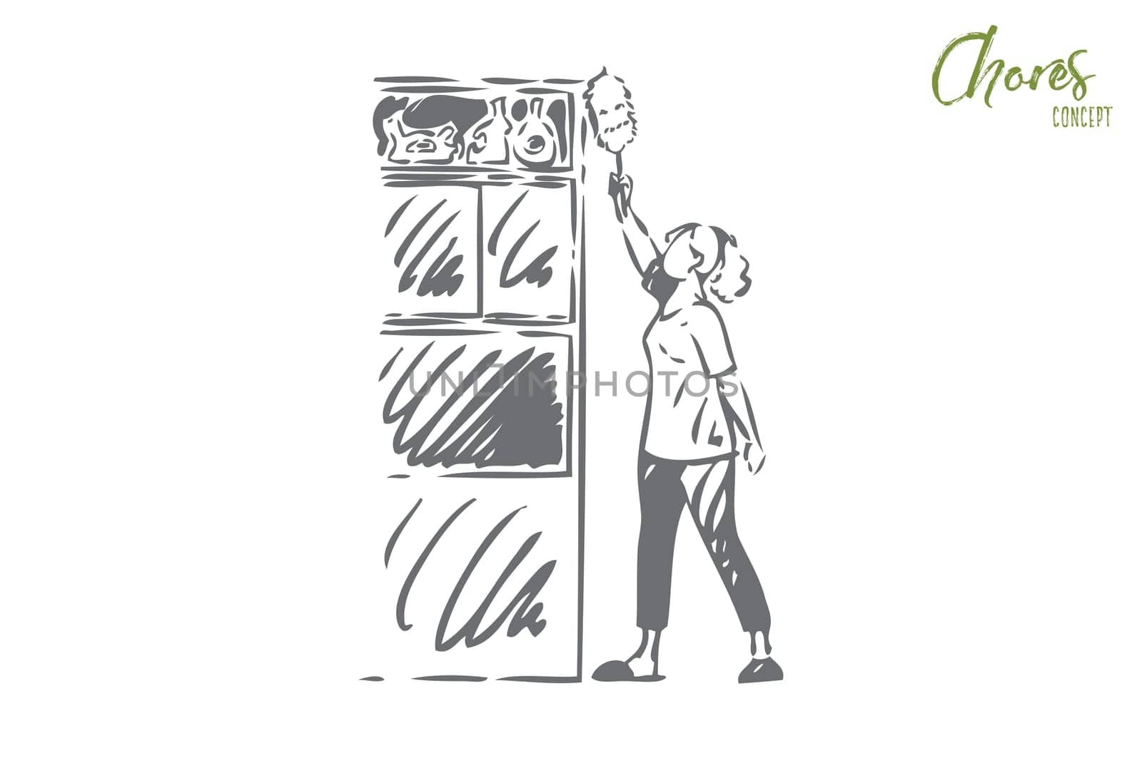 Housekeeping concept sketch. Girl dusting off furniture. Keeping household clean. Woman doing housework. Housewife domestic cleaning. Home service, responsibility Isolated vector illustration