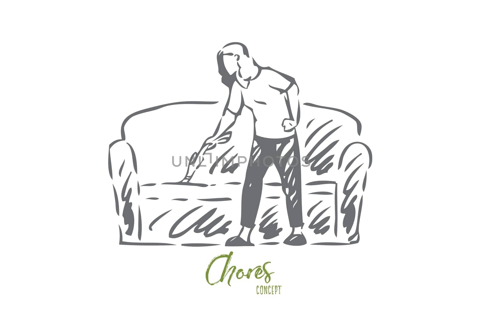 Living room cleanup concept sketch. Housewife chores, housekeeper work, faceless young woman cleaning couch with portable vacuum cleaner, homemaker routine banner. Isolated vector illustration