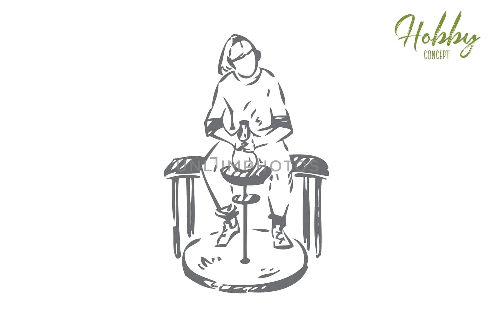 Ceramist hobby concept sketch. Creating vase during pottery class. Potter making things from clay. Amateur craftsmanship. Doing something creative, fun at leisure time. Isolated vector illustration