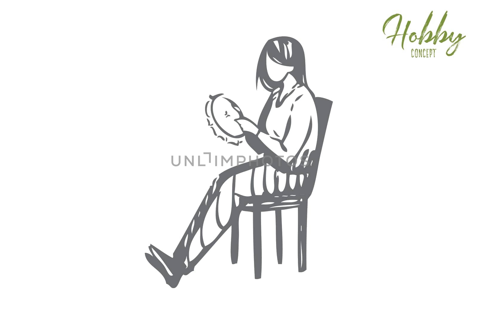 Sewing hobby concept sketch. Decorative needlework, young faceless woman sitting in chair with embroidery equipment, female tailor, handcraft leisure, pastime banner. Isolated vector illustration