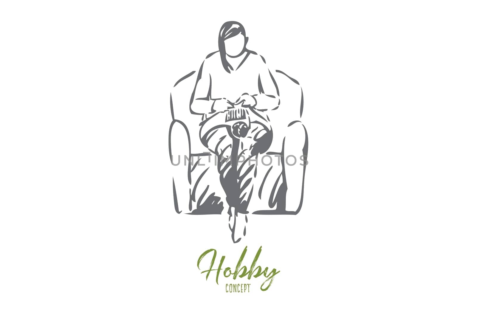 Crochet concept sketch. Knitting sweater, socks while sitting in armchair. Cozy pastime, leisure activity. Creating clothes with wool. Clam, relaxing activity. Isolated vector illustration