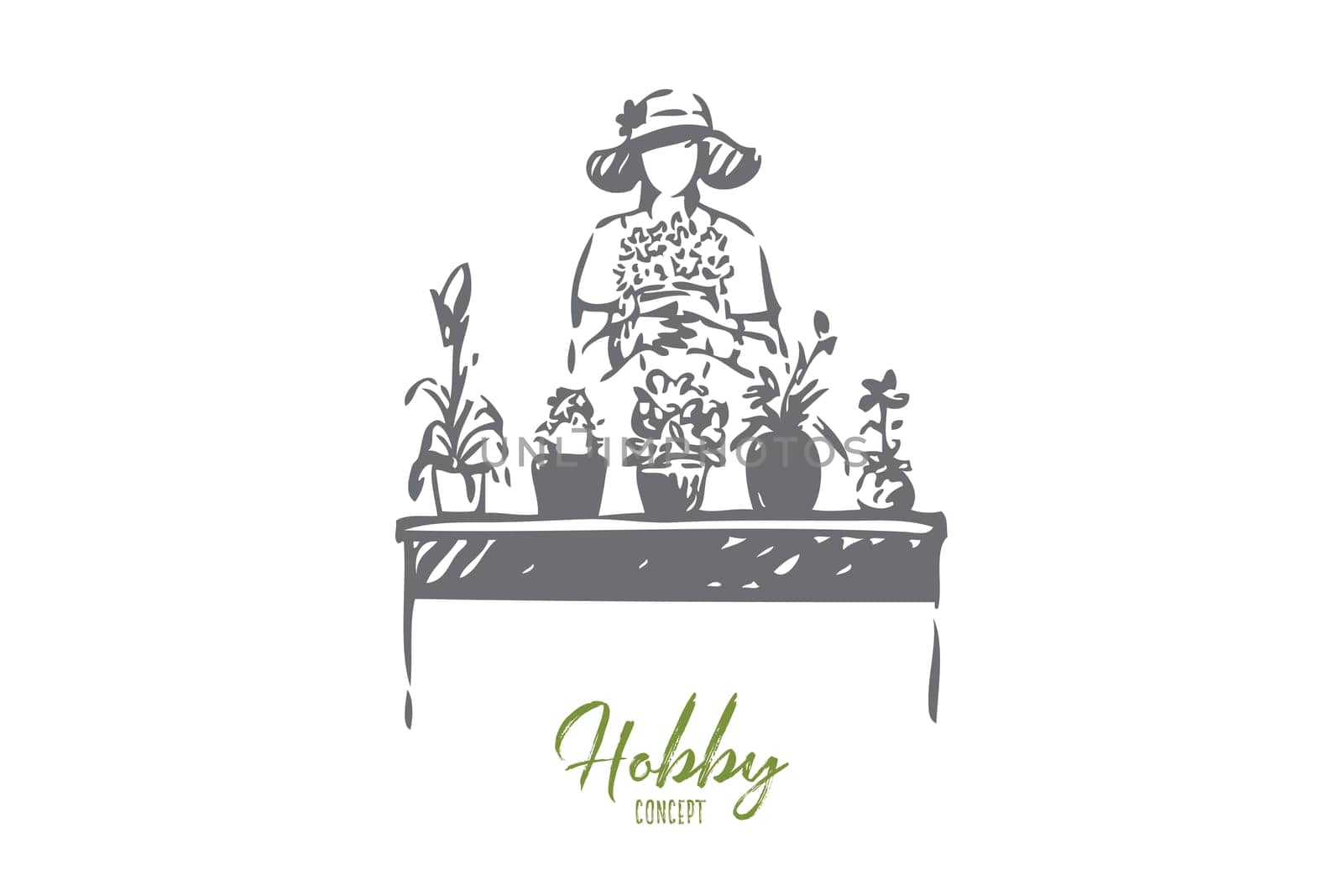 Gardening hobby concept sketch. Plant nursery, young gardener, florist growing flowers, decorative house plants on table, countryside lifestyle, horticulture banner. Isolated vector illustration