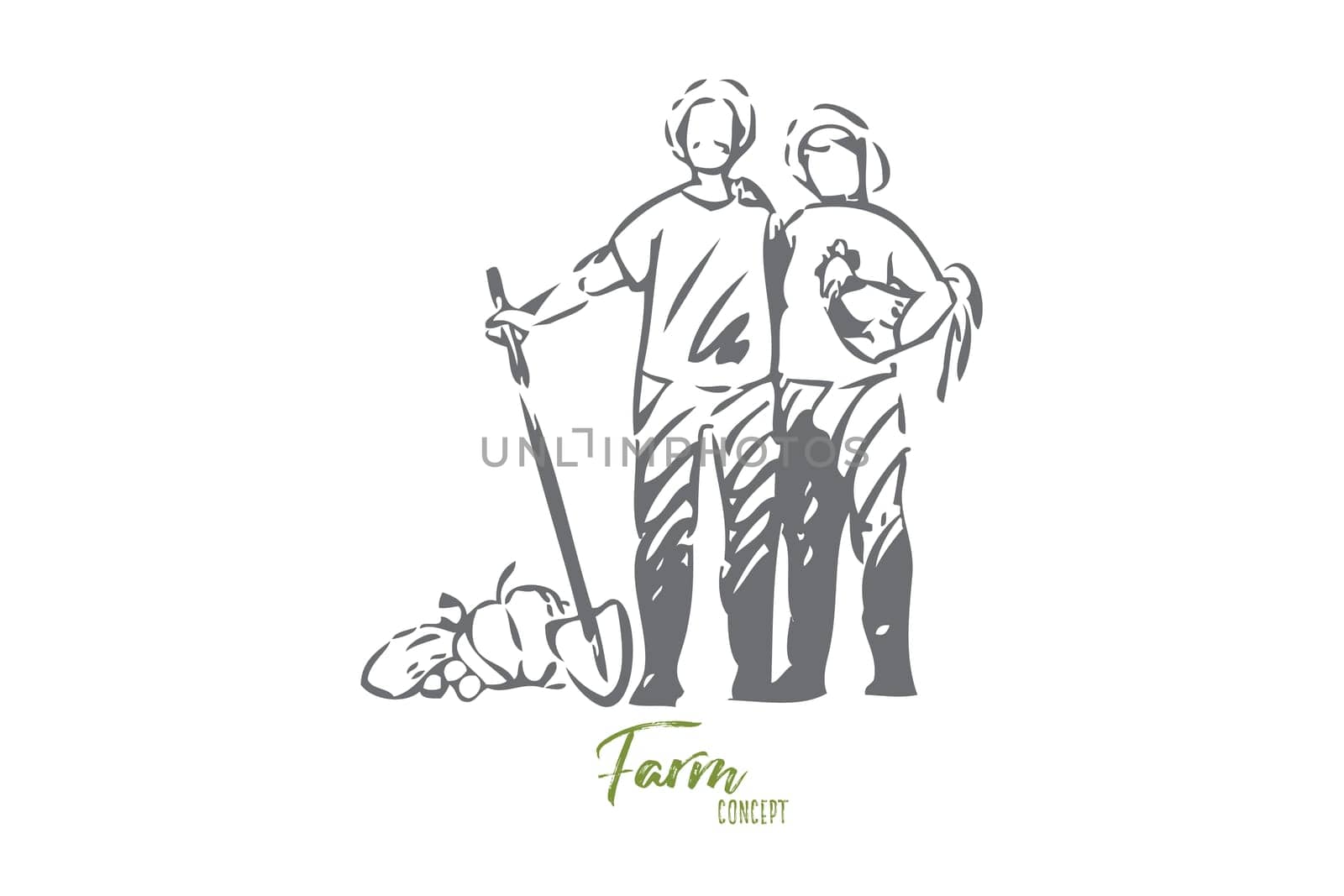 Farming concept sketch. Proud farmer couple with their products. Woman holding rooster under arm. Man holding shovel posing for picture. Poultry farm workers. Isolated vector illustration