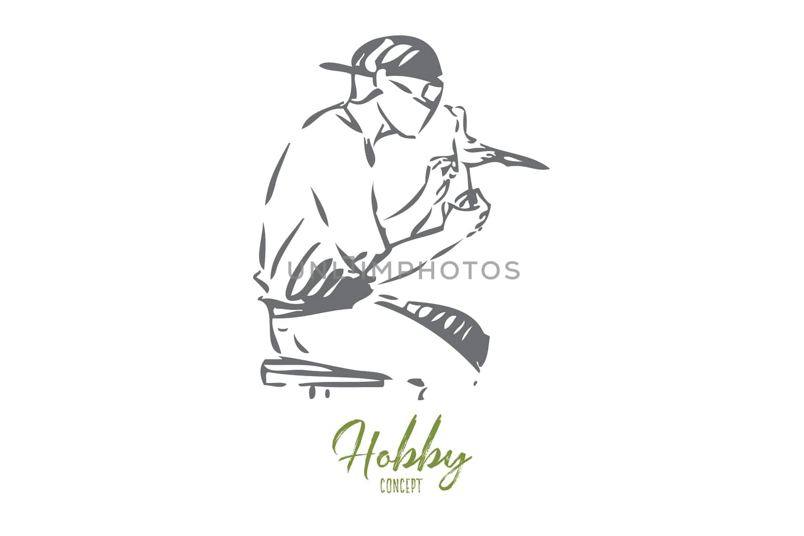 Wood carving concept sketch. Creating small statues out of wood. Creative pastime, leisure. Skillful artist in workshop. Making bird with carving knife. Isolated vector illustration
