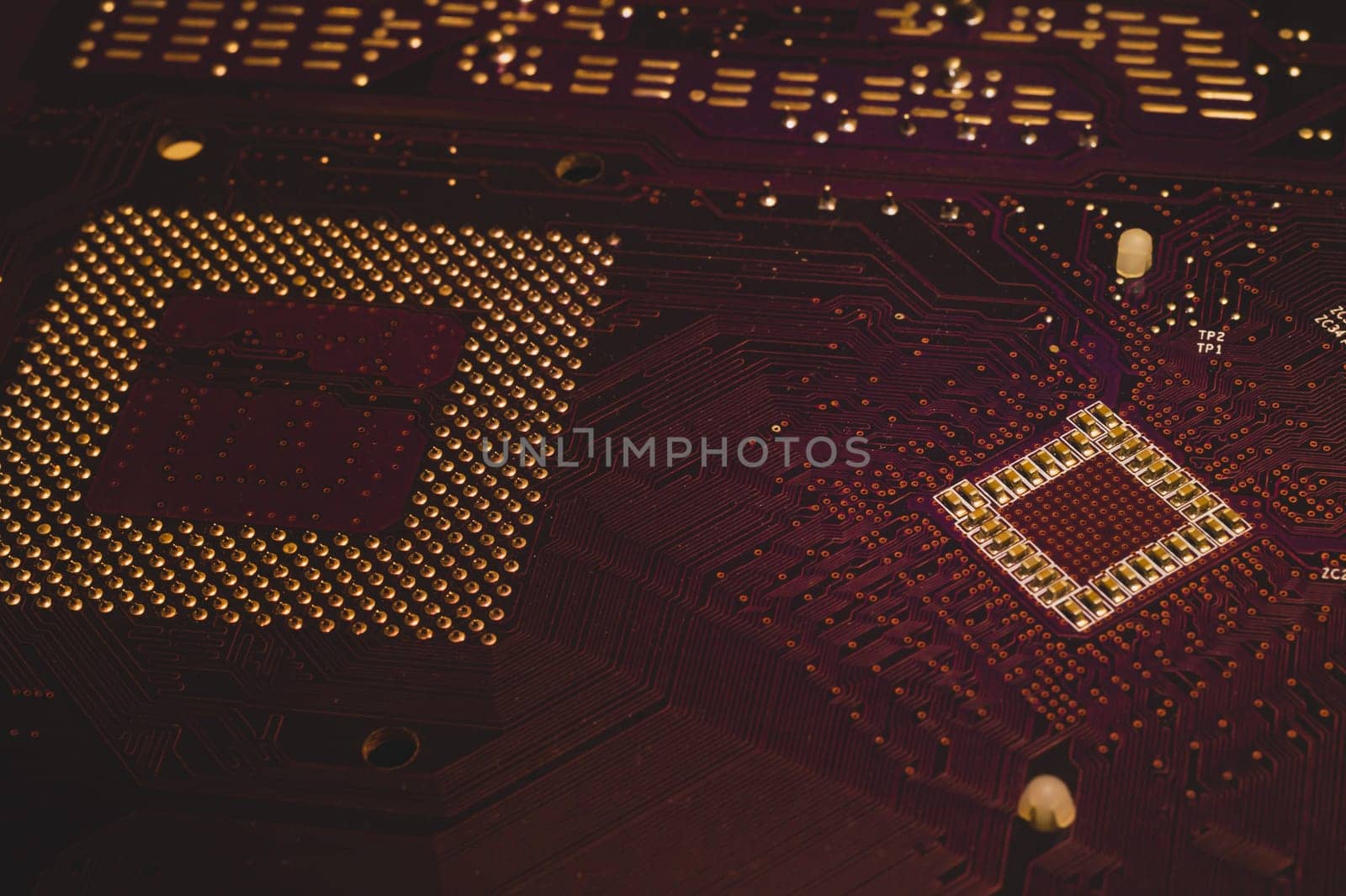 Processor pins macro. computer motherboard close up. cpu pins on a circuit board. micro elements of computer central processor unit. modern technologies abstract background