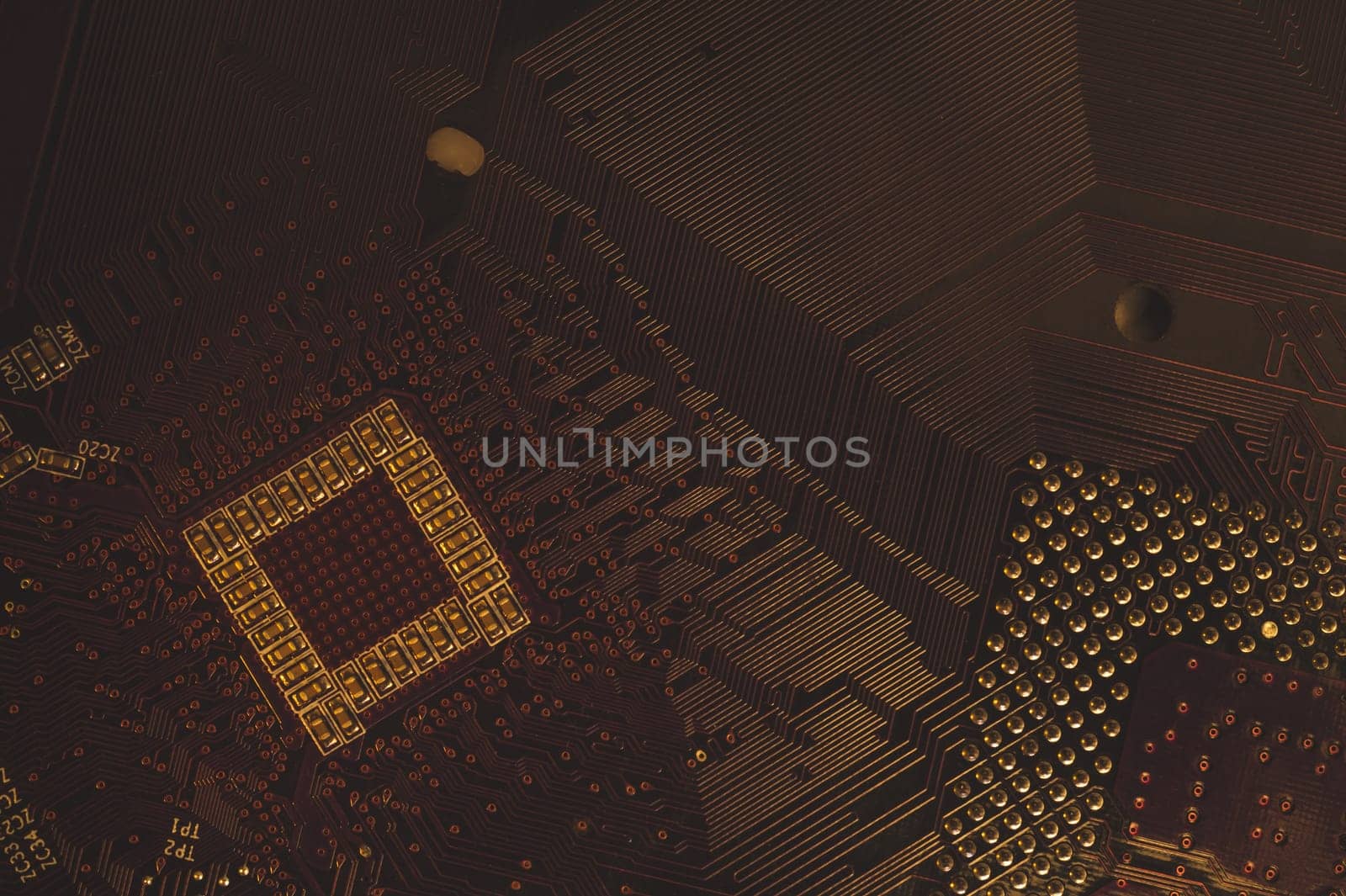 Processor pins macro. computer motherboard close up. cpu pins on a circuit board. micro elements of computer central processor unit. modern technologies abstract background