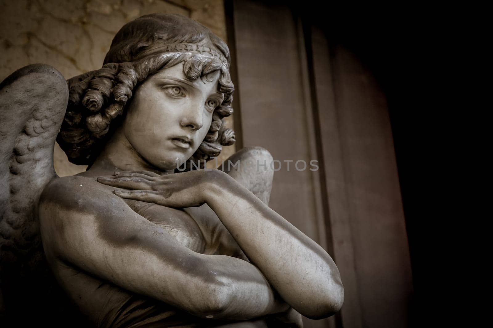 GENOA, ITALY - CIRCA AUGUST 2020: Angel sculpture by Giulio Monteverde for the Oneto family monument in Staglieno Cemetery, Genoa - Italy (1882)