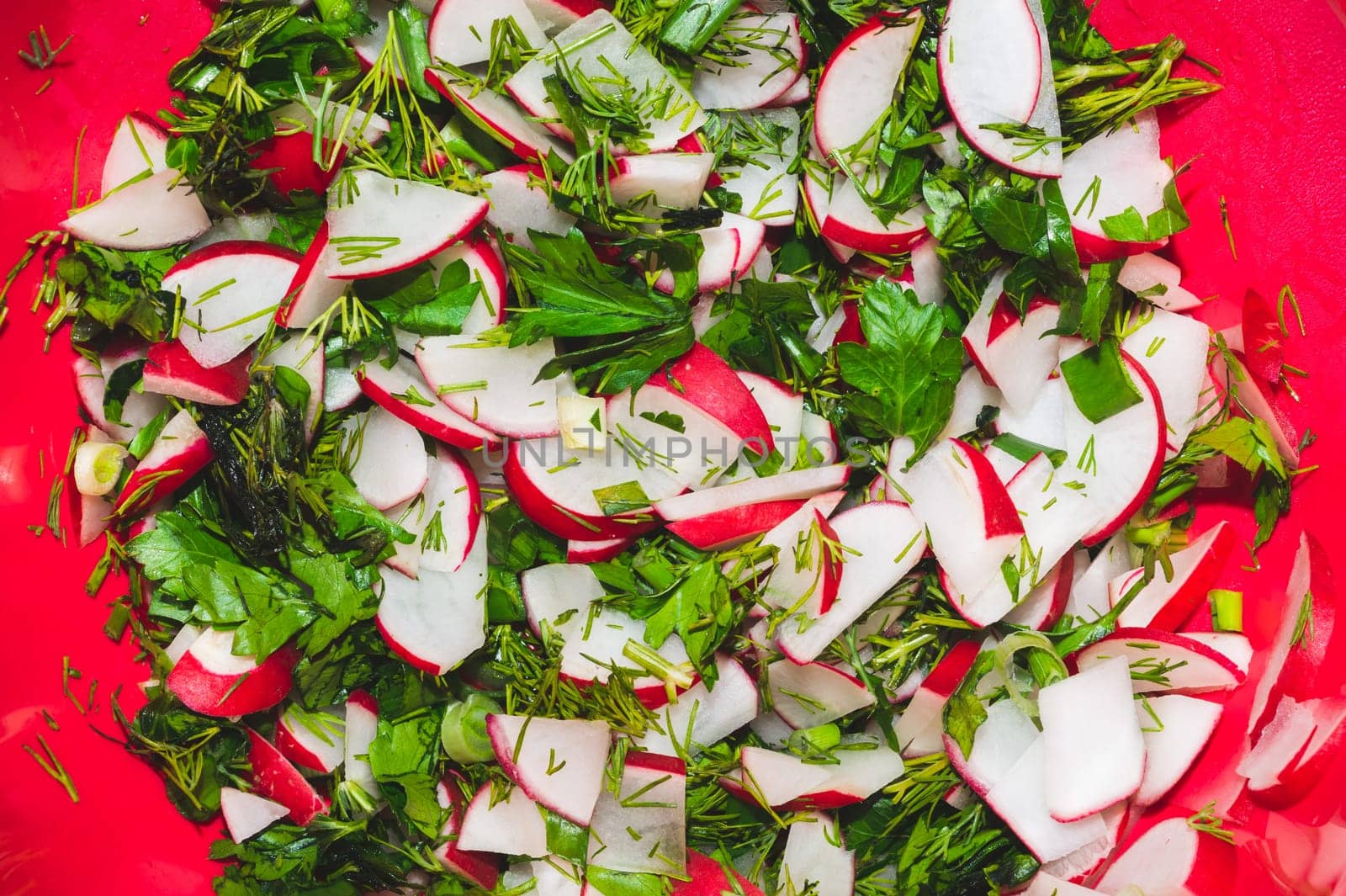 Spring salad with radish and greenery. vegetarian food. healthy eating
