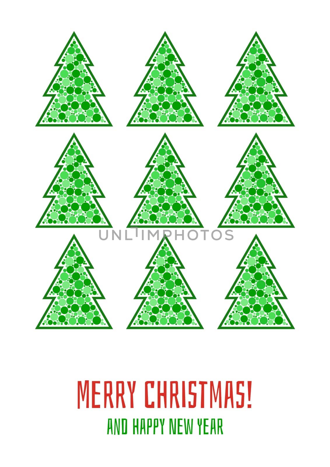 Merry Christmas and Happy New Year greeting card. Decorative invitation, flyer, poster template with text. Christmas tree with bubbles, snow flakes. Holiday themed graphic design. Vector illustration