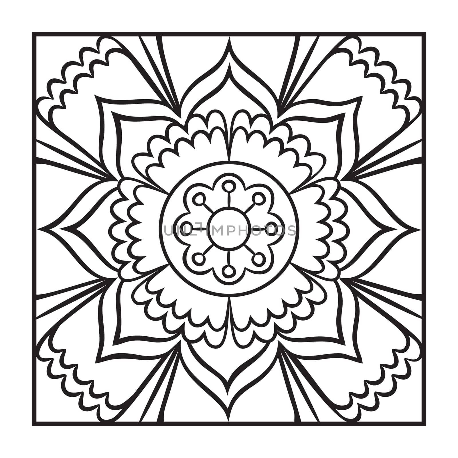Doodle mandala coloring page. Outline floral design element. Coloring book pattern. Decorative round flower. Anti-stress therapy pattern on white background. Meditation poster. Vector illustration.