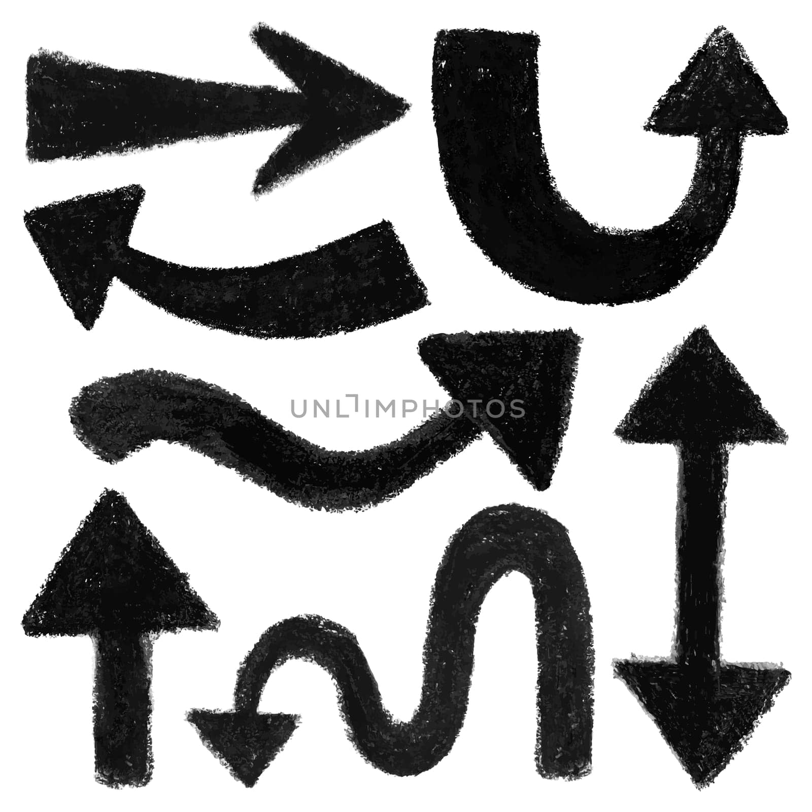 Set of seven black arrow shapes. Hand painted with oil pastel crayons, isolated on white. High quality vector illustration.