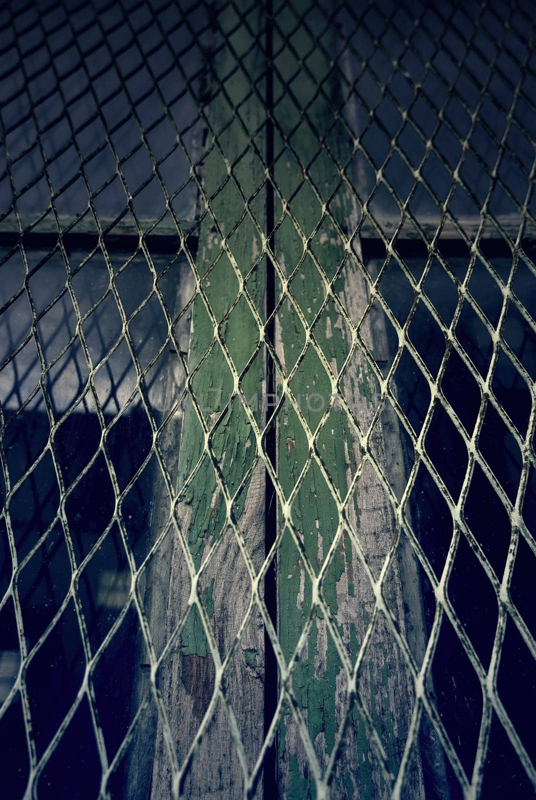 Detail of metal protection fence decorated, painted steel with shapes