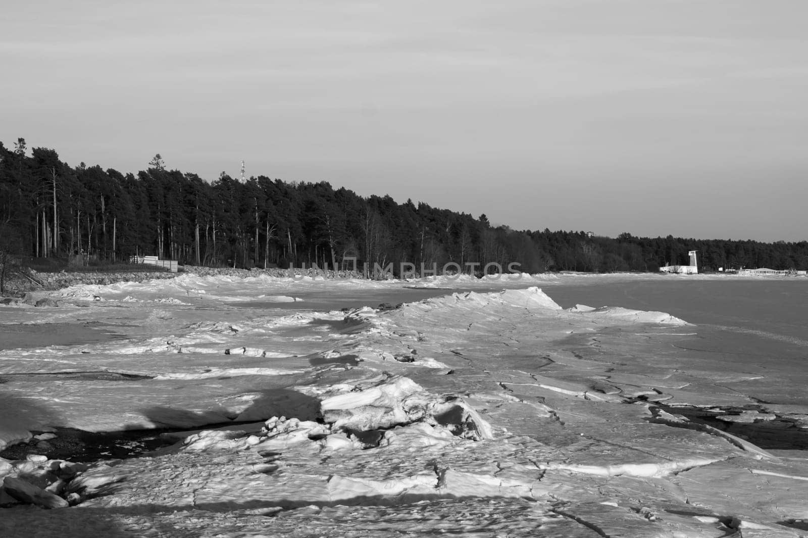 Frozen lake landscape. black and white nature background
