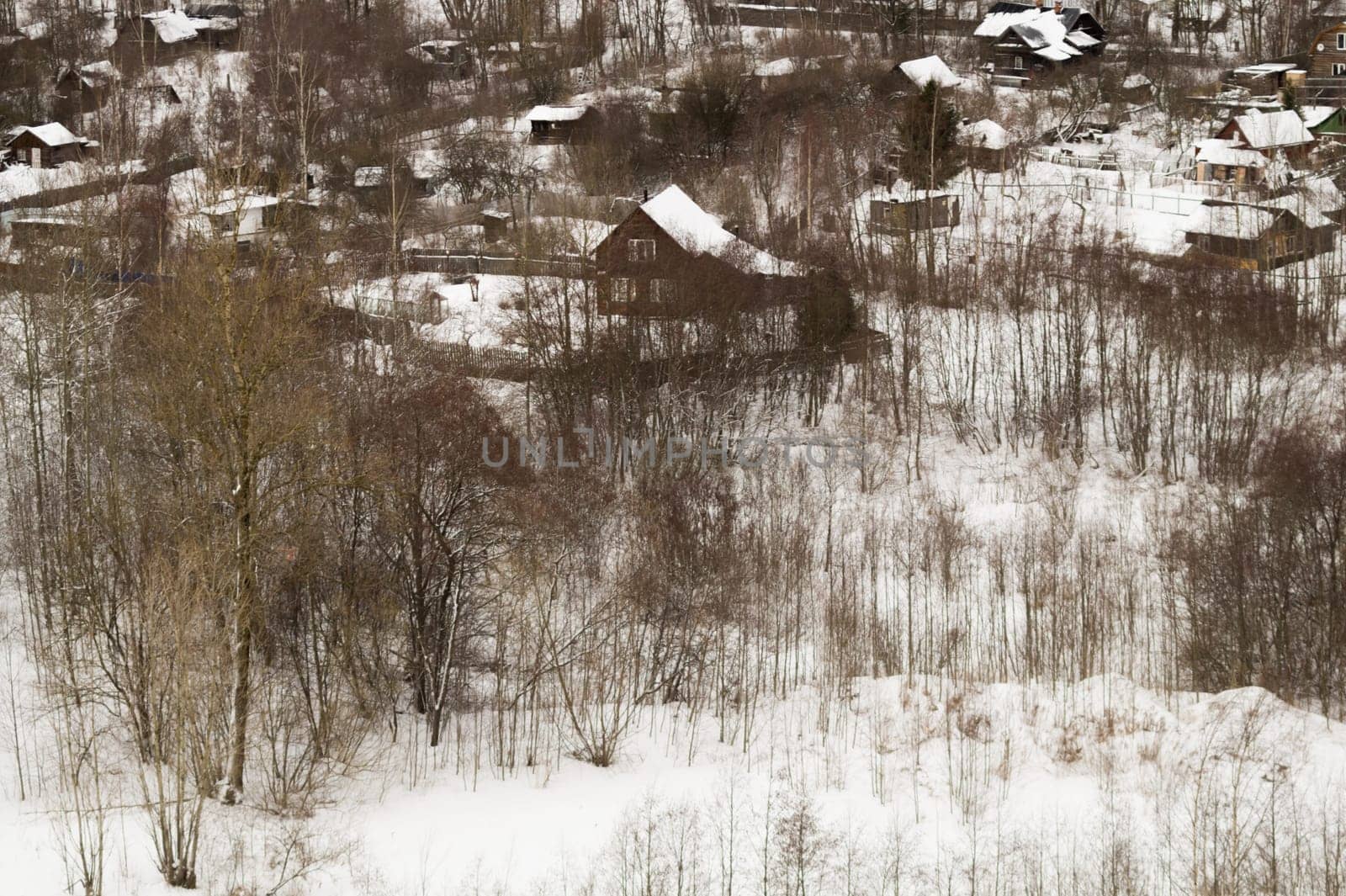 Snow covered houses with the gardens in winter. wooden houses in the forest aerial view. rural landscape from high view