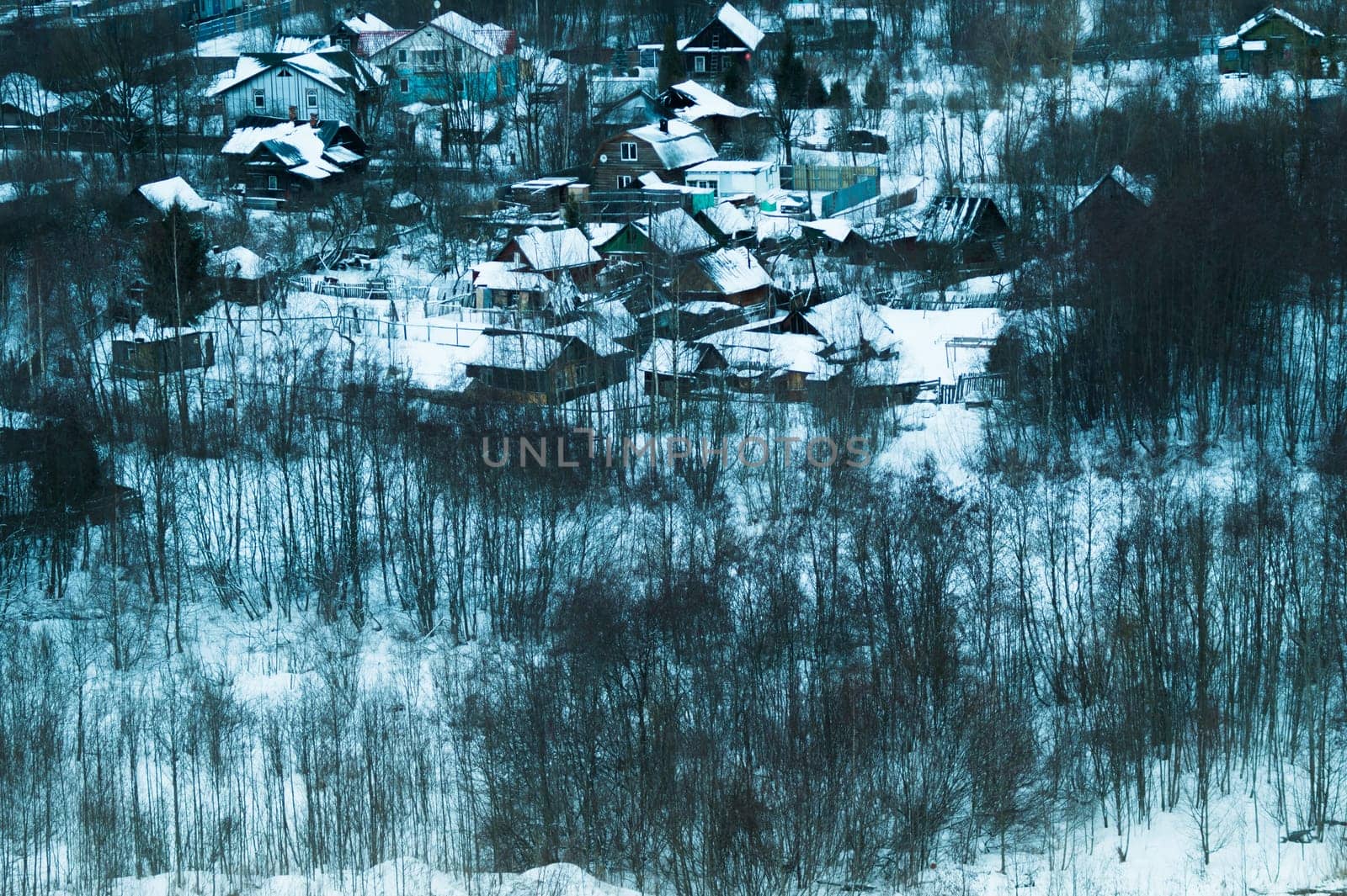 Snow covered houses with the gardens in winter. wooden houses in the forest aerial view. rural landscape from high view