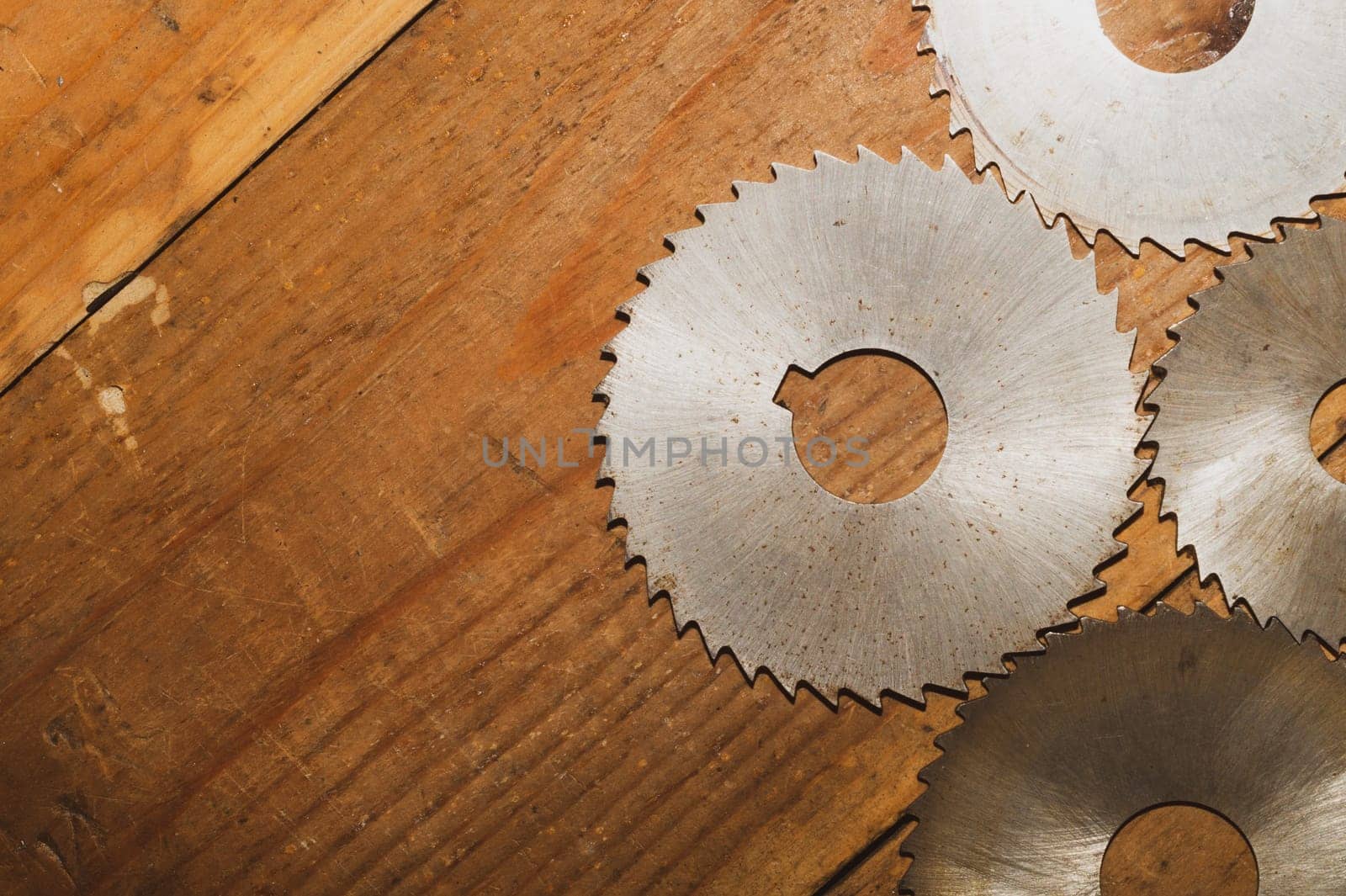 Circular saw blades. carpentry tools. industrial background. equipment for sawmill and sawing wooden products