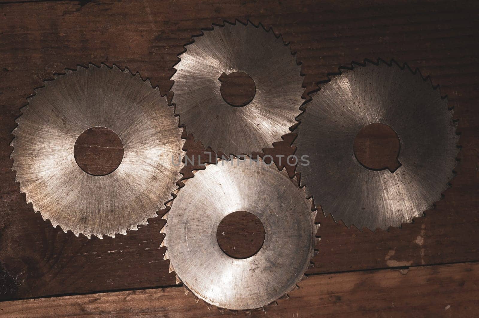 Circular saw blades. carpentry tools. industrial background. equipment for sawmill and sawing wooden products