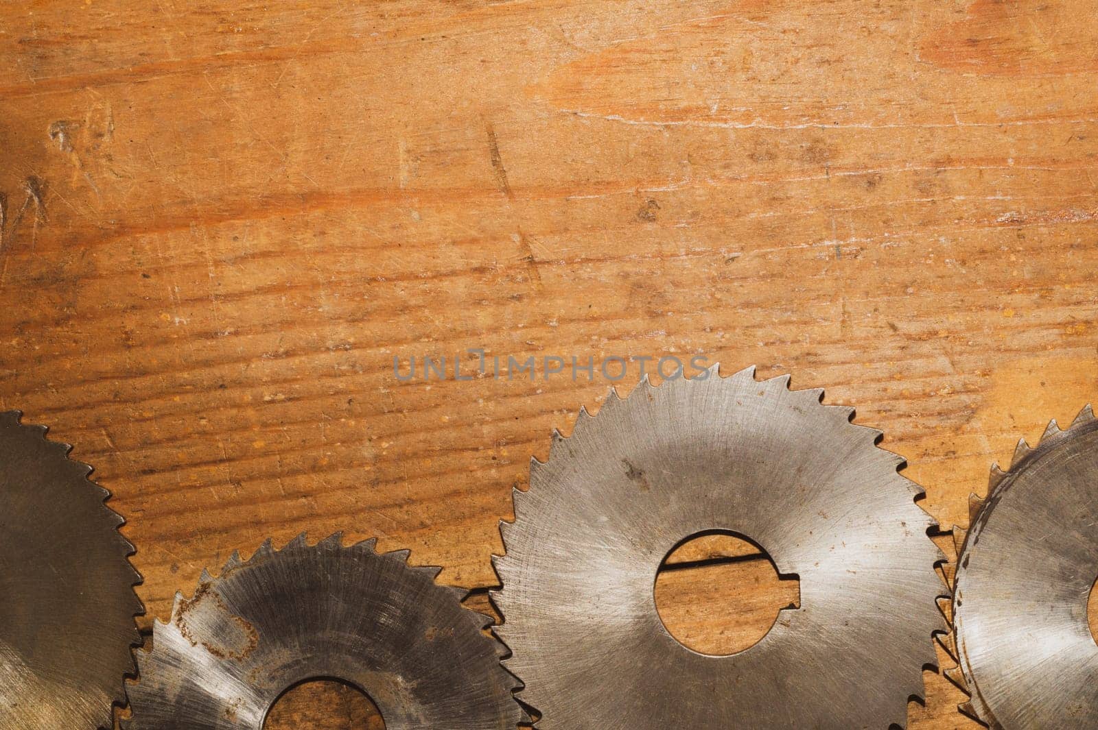 Circular saw blades. carpentry tools. industrial background. equipment for sawmill and sawing wooden products