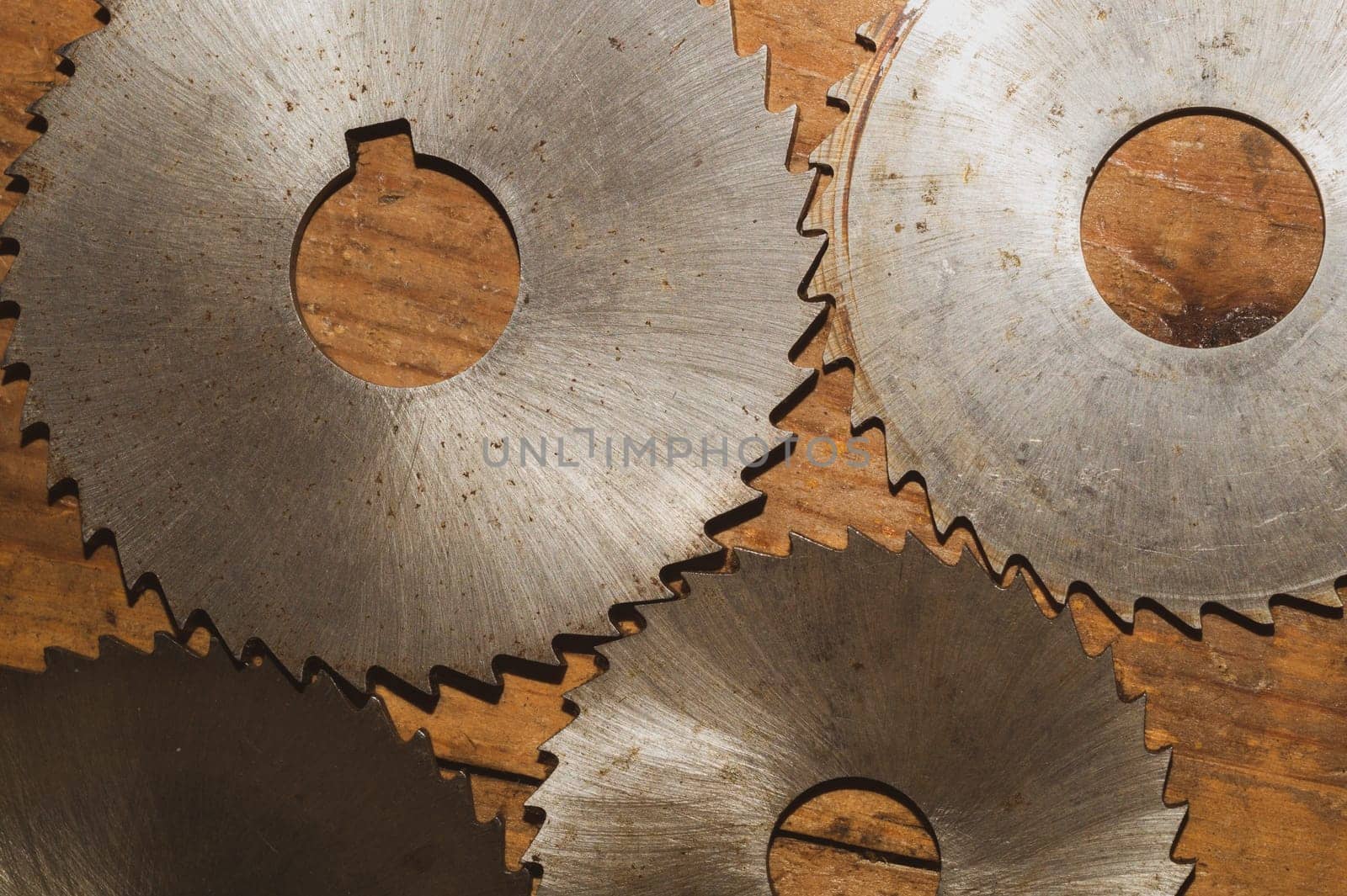 Circular saw blades. carpentry tools. industrial background. equipment for sawmill and sawing wooden products