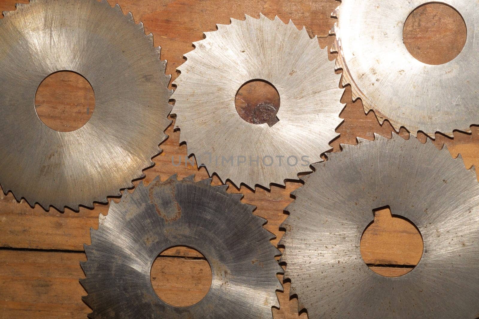 Circular saw blades. carpentry tools. industrial background. equipment for sawmill and sawing wooden products