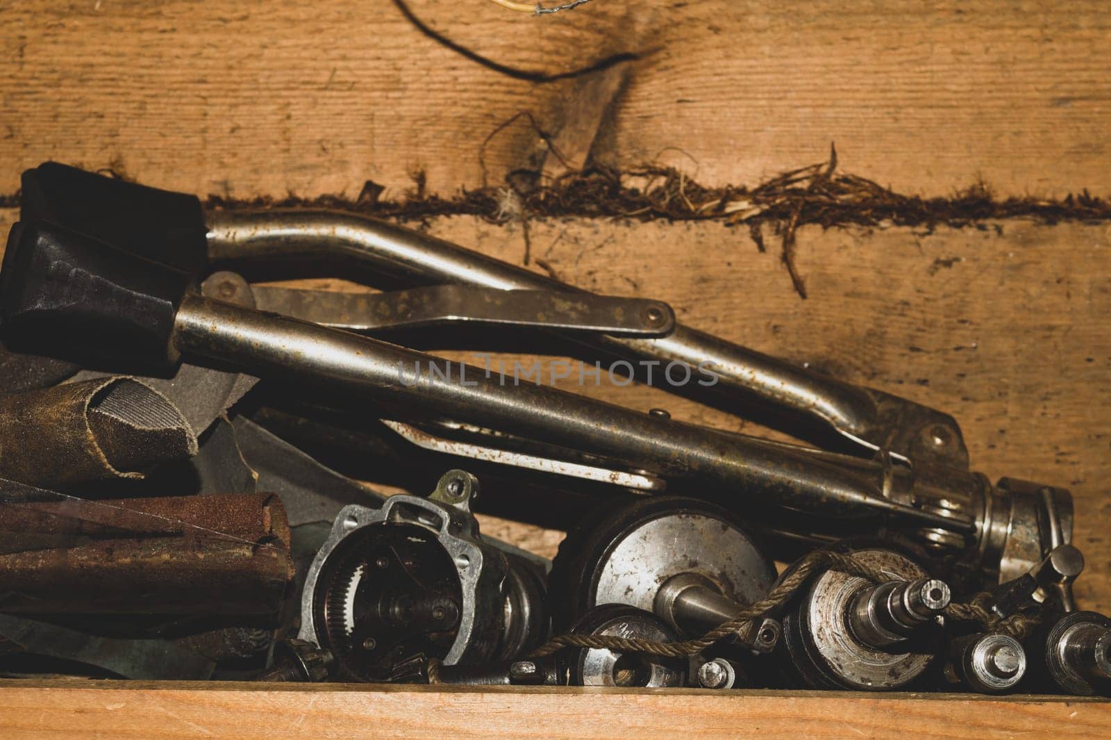Various old tools in the workshop. chaos of working things. scrape metal
