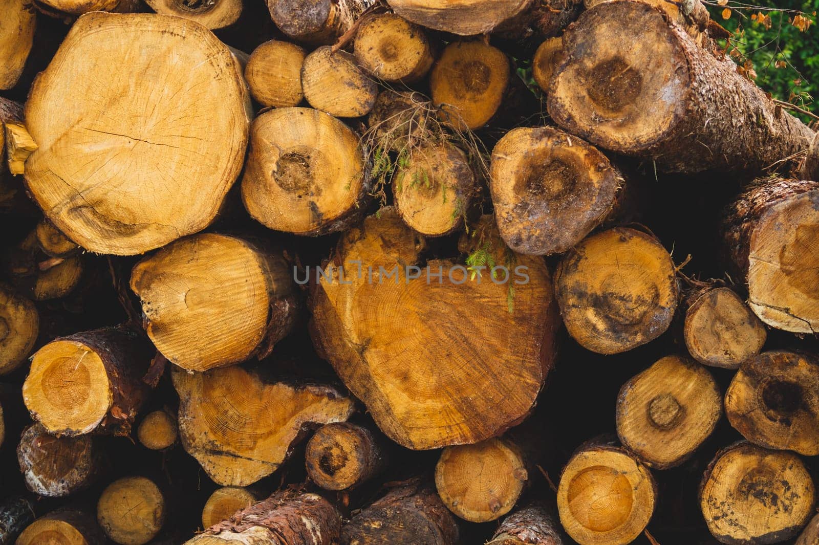 Stack of logs. natural wooden background with timber. log wall. pile of timber
