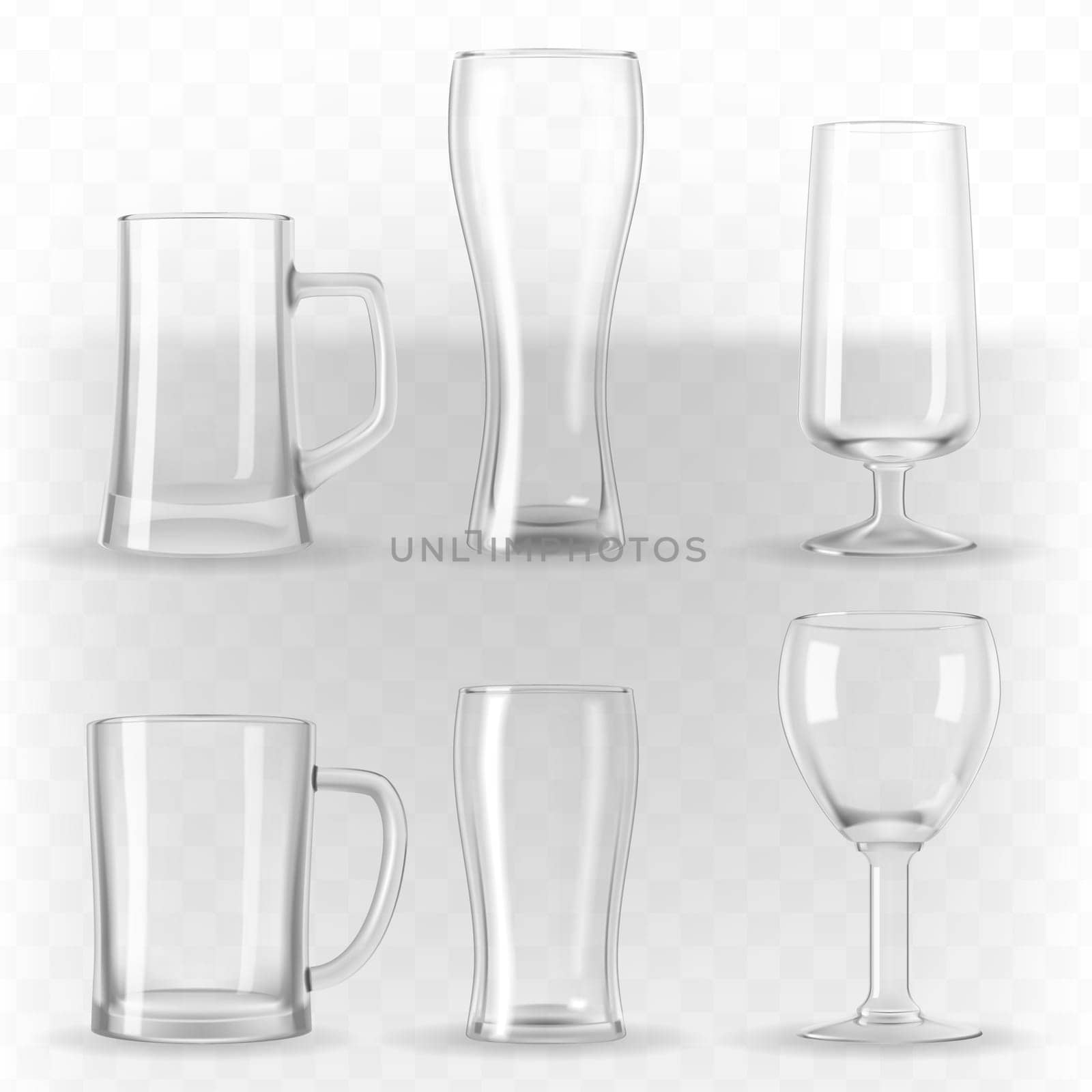 Vector set of photo-realistic transparent beer glasses, mugs and goblets.