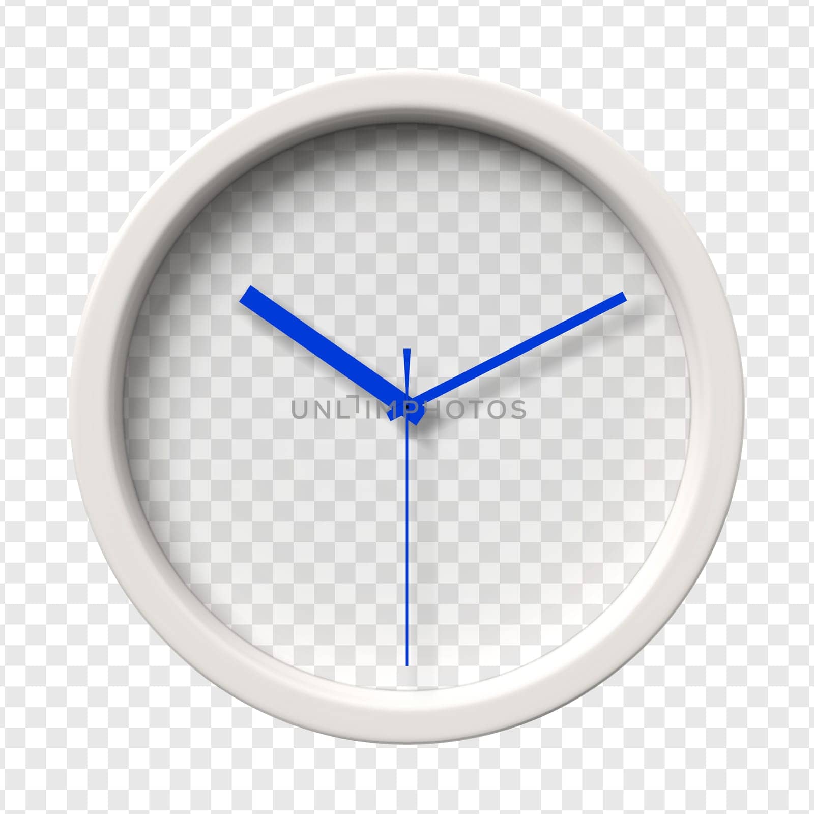 Realistic Wall Clock. Ten oclock am or pm. Transparent face. Blue hands. Ready to apply. Graphic element for documents, templates, posters, flyers. Vector illustration
