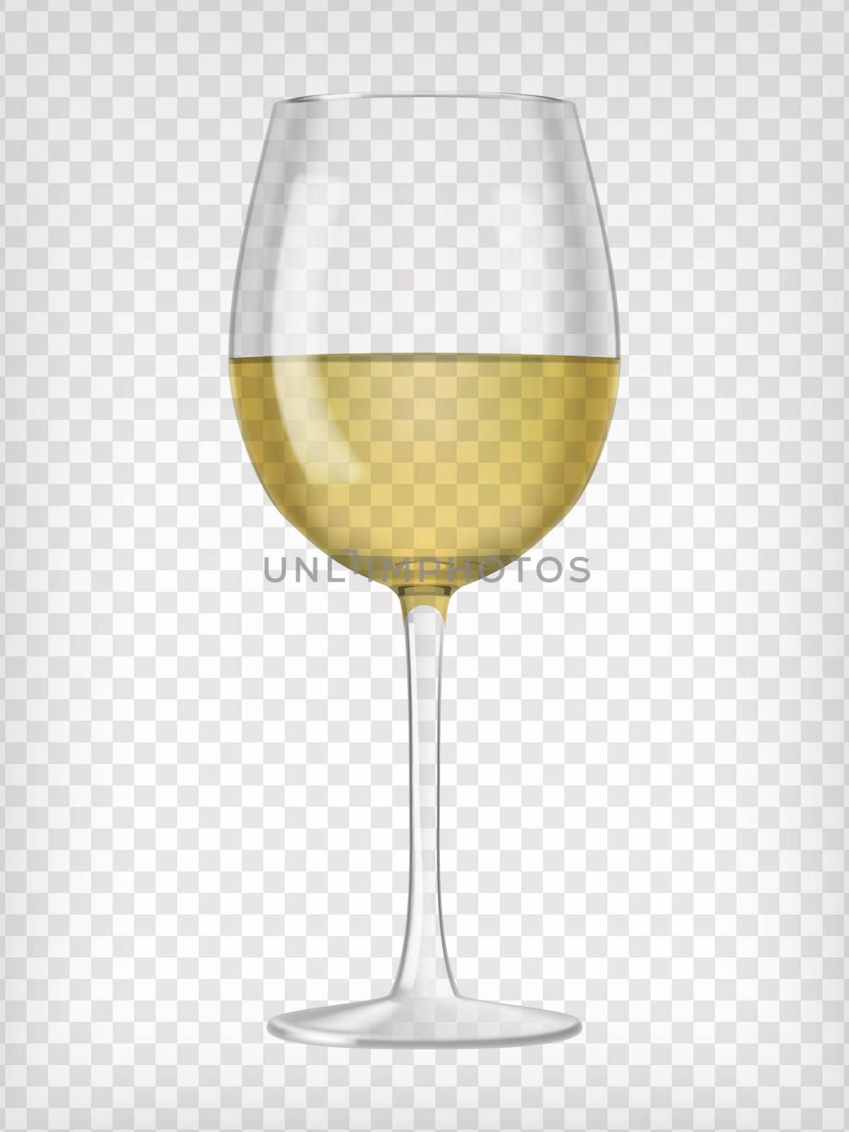 Realistic transparent wine glass filled with white wine. Graphic design elements for advertisement, flyer, poster, web site, restaurant menu, scrapbooking. Vector illustration.