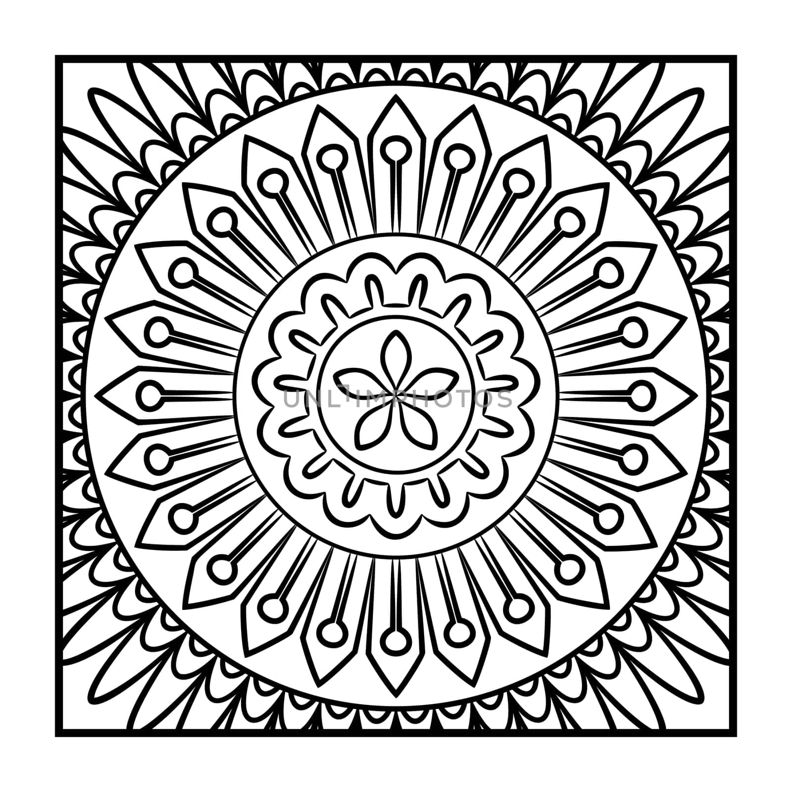Doodle mandala coloring page. Outline floral design element. Coloring book pattern. Decorative round flower. Anti-stress therapy pattern on white background. Meditation poster. Vector illustration.