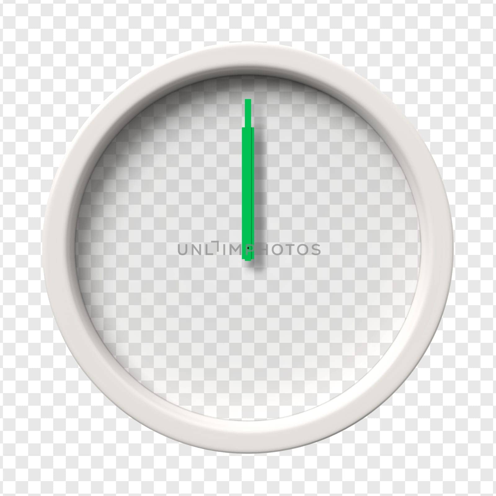 Realistic Wall Clock. Midnight. Midday. Twelve oclock. Transparent face. Green hands. Ready to apply. Graphic element for documents, templates, posters or flyers Vector illustration.