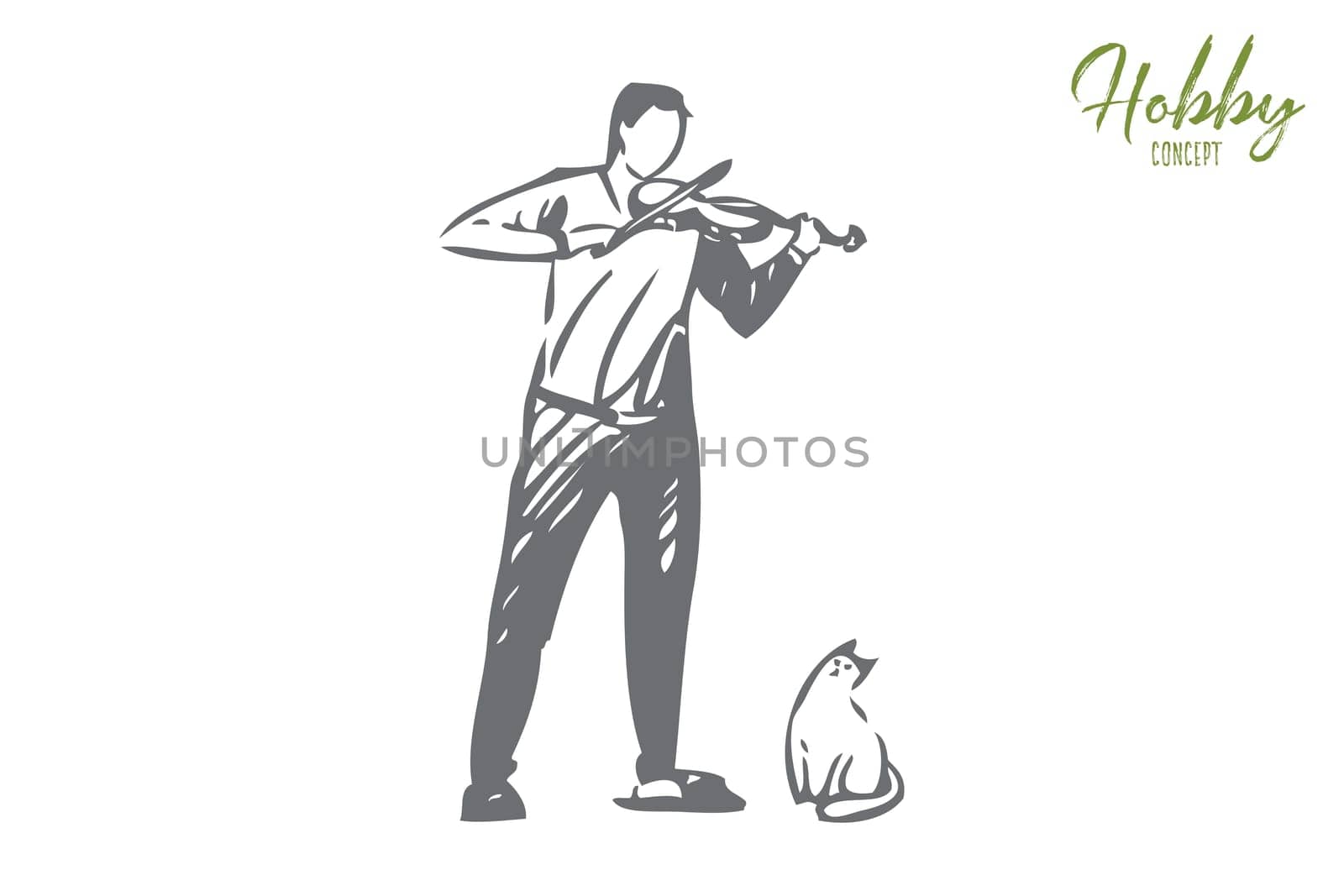 Violinist concept sketch. Man playing violin. Amateur classical musician, Funny cute cat. Creating music at home. Unprofessional, self-taught music player. Isolated vector illustration