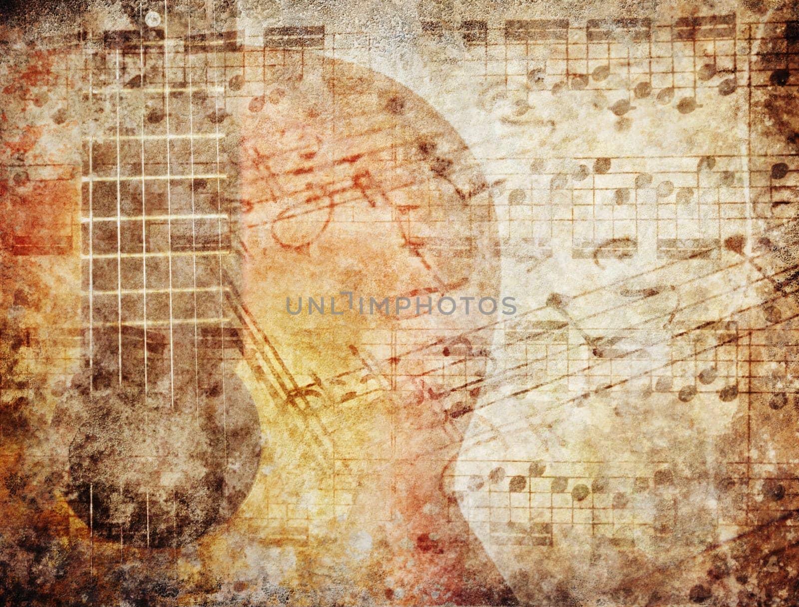 Grunge background with music sheets and guitar