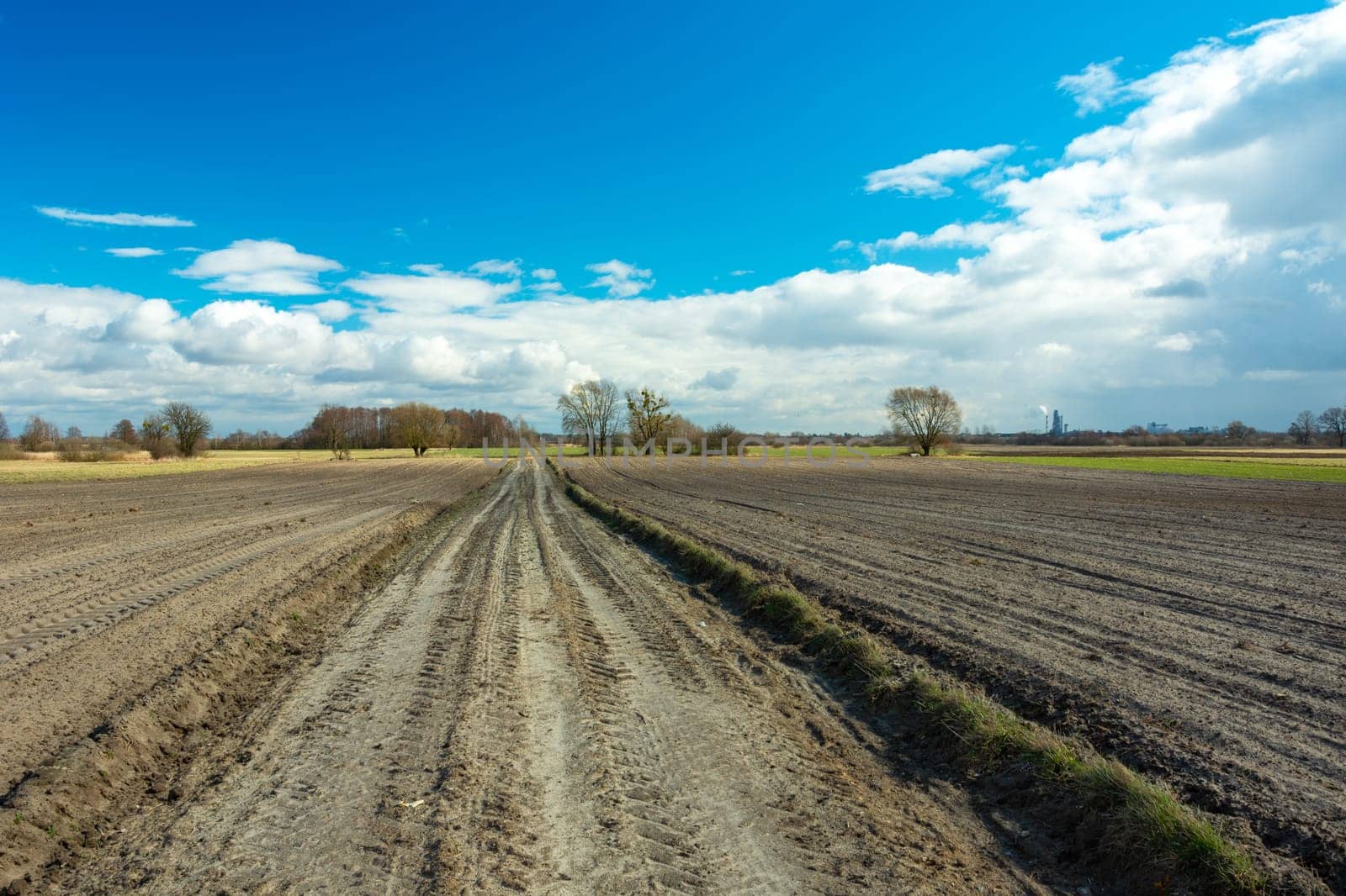 Dirt road between plowed fields and white clouds on the sky, Nowiny, Lubelskie, Poland