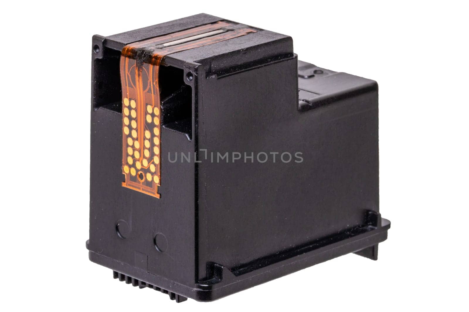 Closeup of a used empty ink cartridge isolated on a white background. Macro photograph.