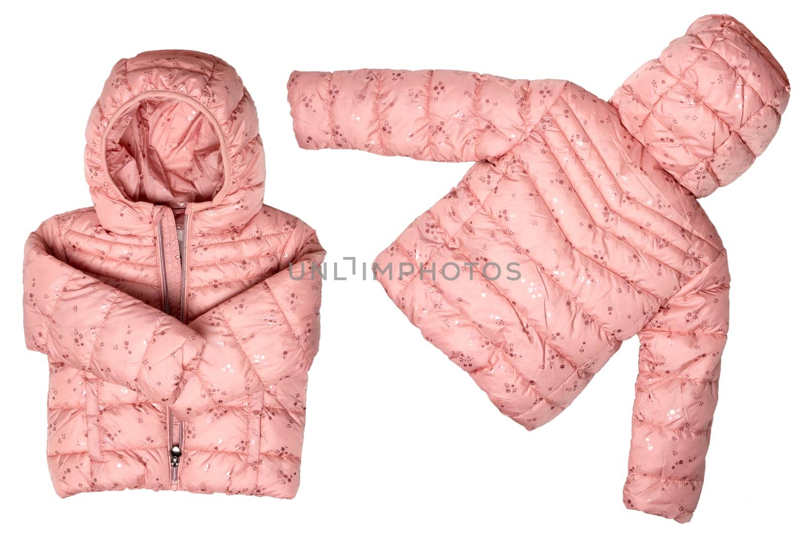 Winter jacket isolated. Stylish pink cosy warm winter down jacket for kids in two views isolated on a white background. Fashionable clothing for children for spring and autumn.
