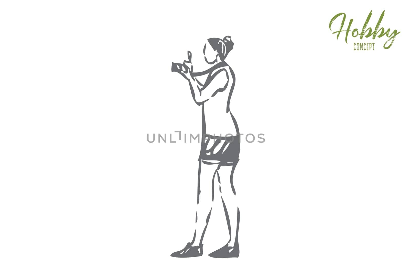 Photographer concept sketch. Photographing landscapes, landmarks. Amateur with camera. Taking pictures of different things, events. Creative pastime activity. Isolated vector illustration
