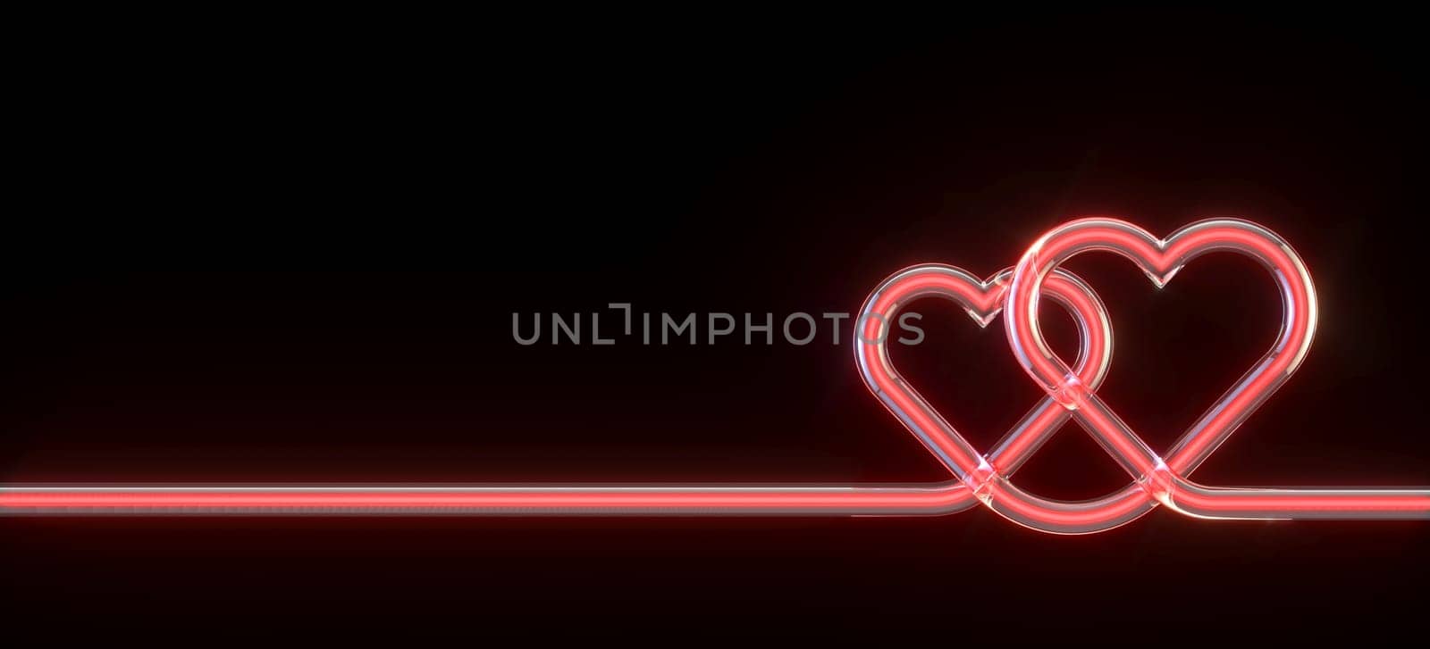 Two red glowing tube hearts 3D rendering illustration isolated on black background