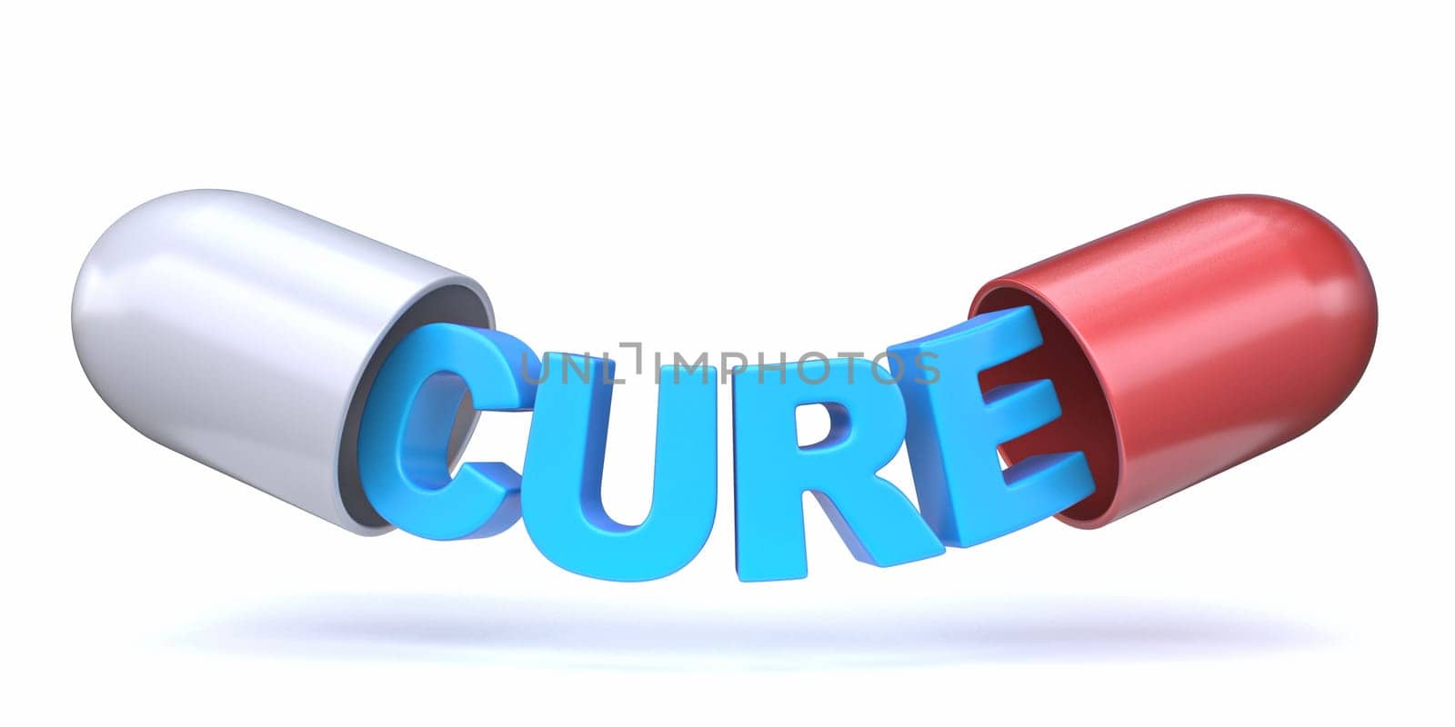 Word CURE inside the pill capsule 3D rendering illustration isolated on white background