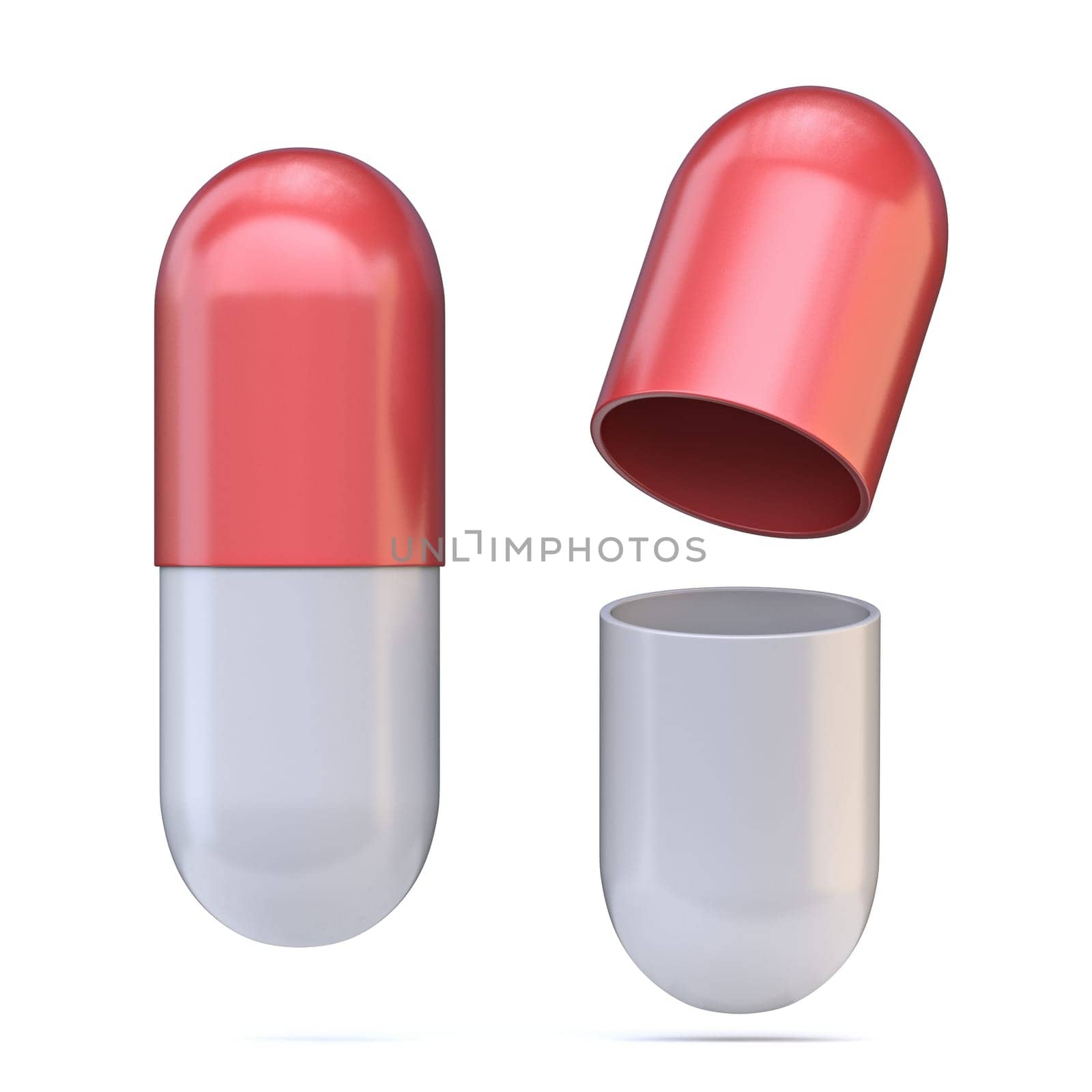 Closed and open drug capsule 3D rendering illustration isolated on white background