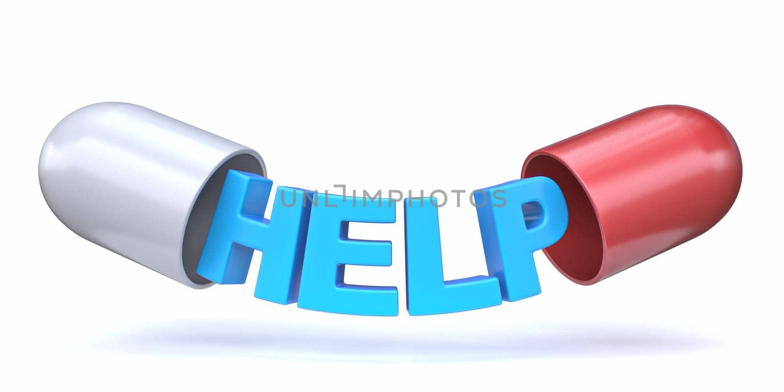 Word HELP inside the pill capsule 3D rendering illustration isolated on white background