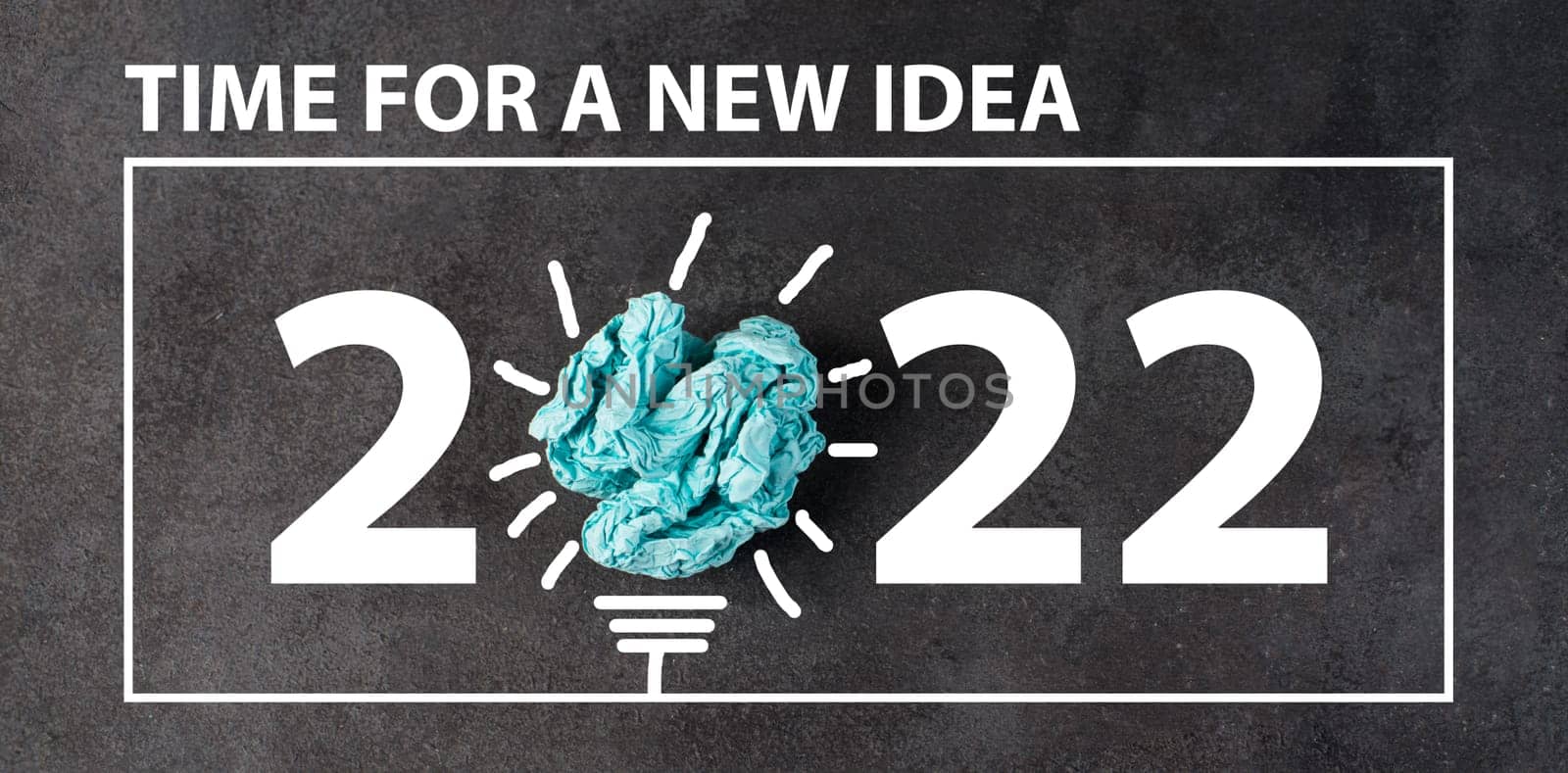 Year 2022 with a light bulb, text time for new idea, chalboard