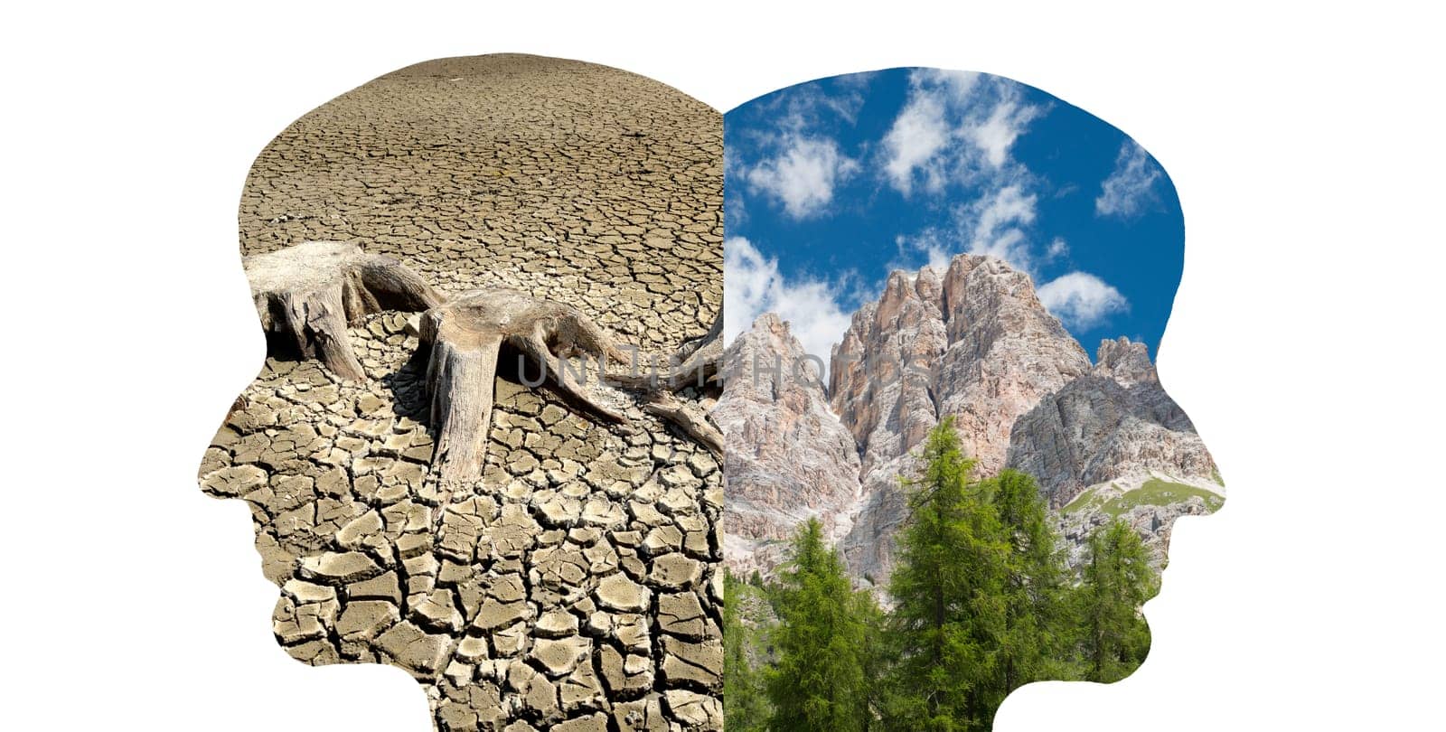Silhouette of two faces look to the opposite direction, one with green nature, mountains, the other one with a dry river bed, climate change